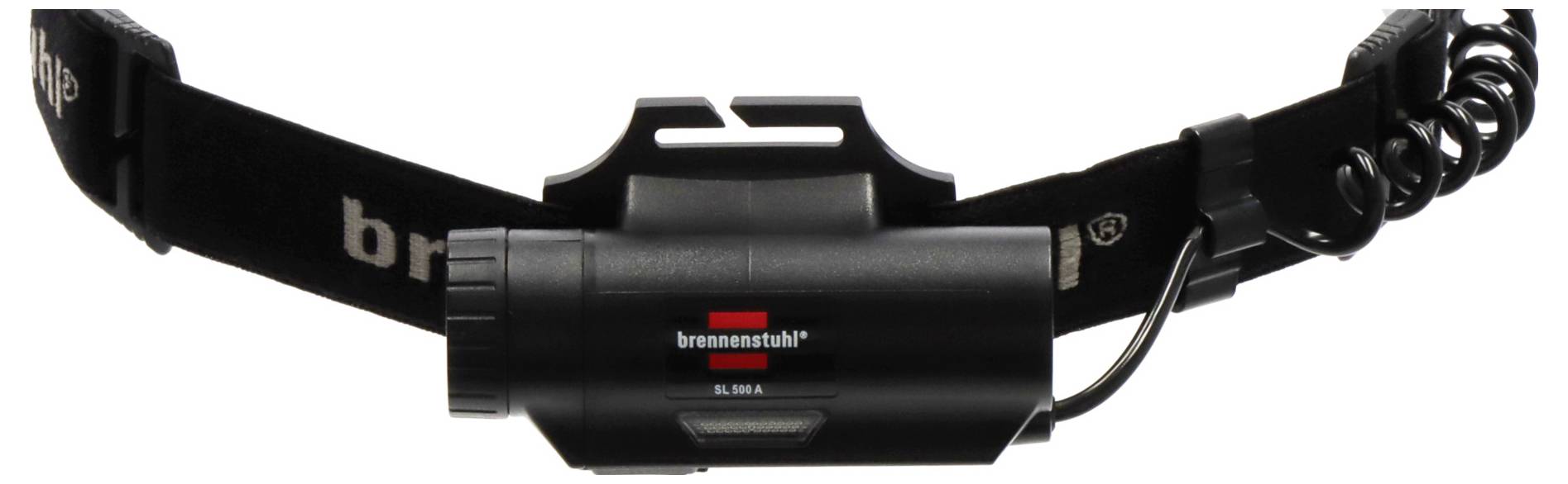 Schwarze Brennenstuhl-Stirnlampe mit verstellbarem Riemen, zentralem Lampengehäuse und gewickeltem Stromkabel, gezeigt auf weißem Hintergrund.