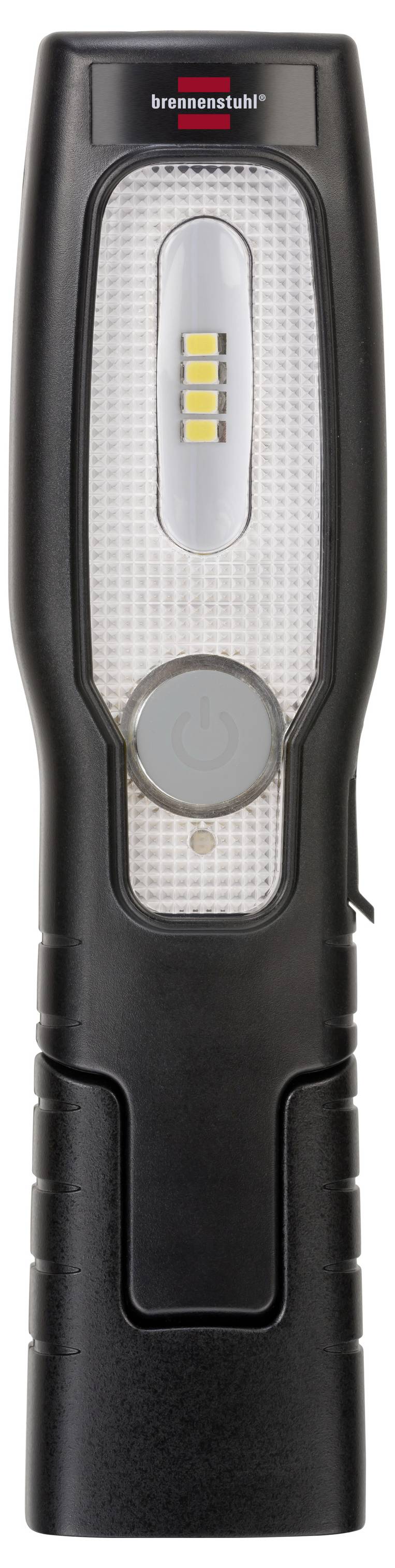 Schwarze Brennenstuhl tragbare LED-Werkstattleuchte mit vier gelben LEDs und einem großen runden Einschalter.