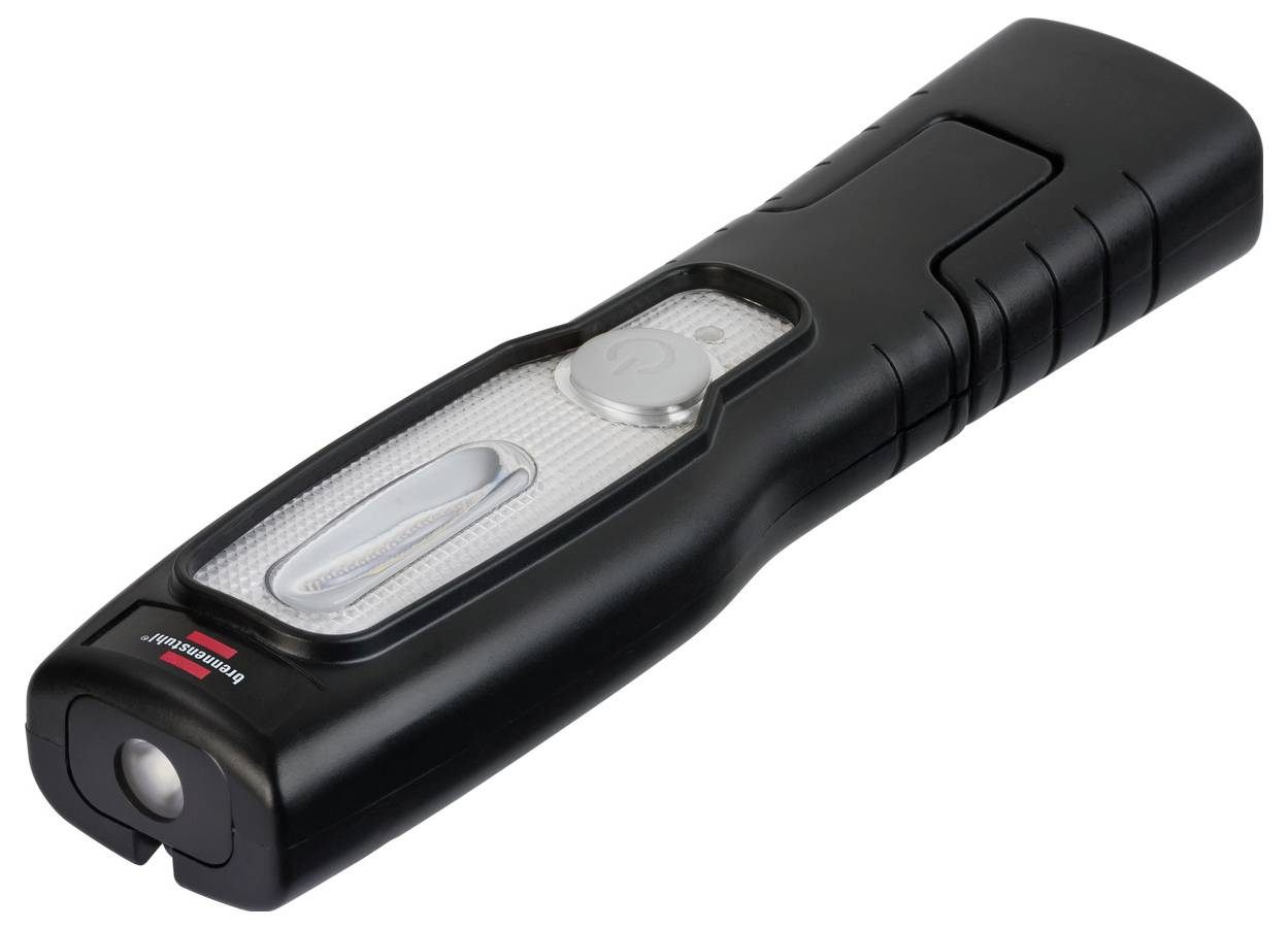 Schwarze tragbare Taschenlampe mit silbernem Seitenschalter und zentraler klarer Linse, auf weißem Hintergrund dargestellt.