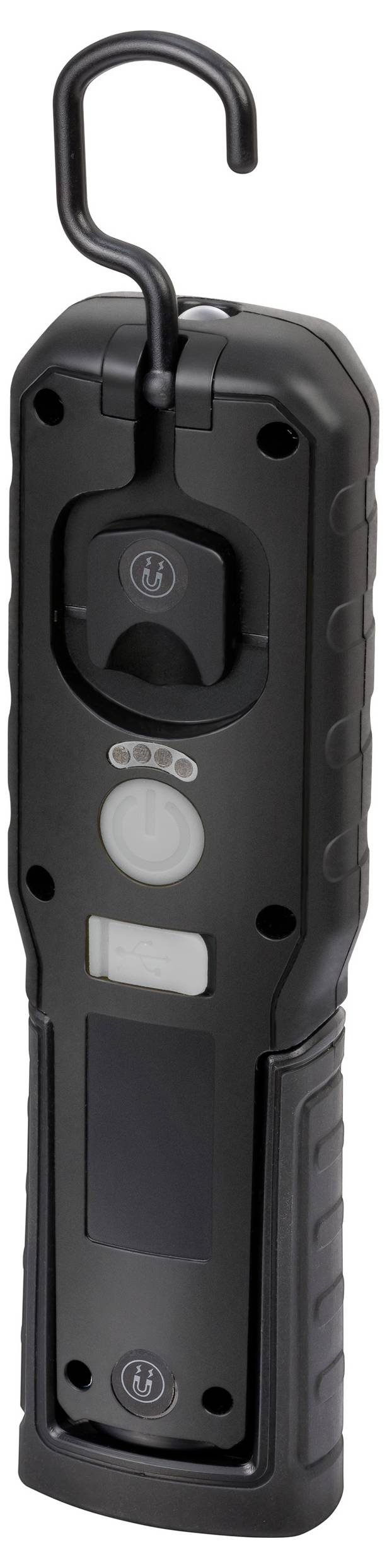 Tragbare schwarze Taschenlampe mit Haken, Netzschalter vorne, Batteriestandsanzeigeleuchten und abnehmbarem Ständer.