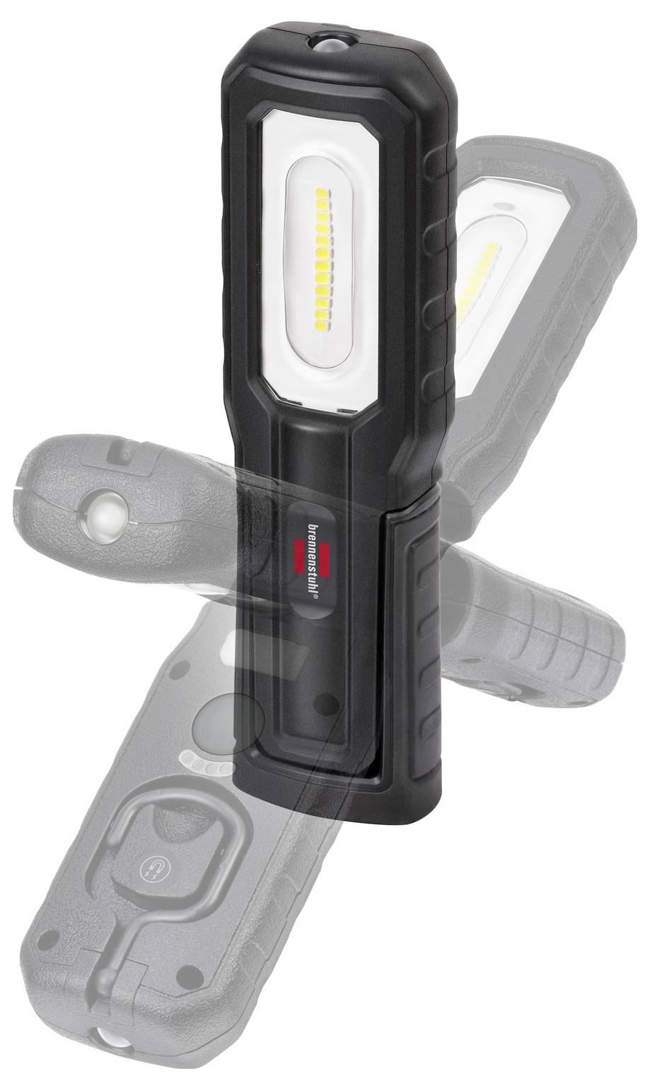 Schwarze wiederaufladbare LED-Arbeitsleuchte in Vorderansicht, mit durchscheinenden Overlays, die mehrere Winkel derselben Taschenlampe anzeigen.