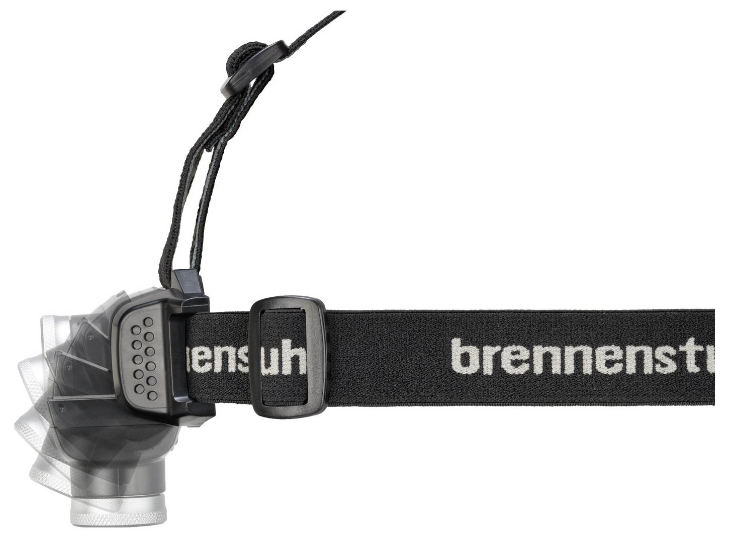Eine schwarze Stirnlampe auf einem verstellbaren Riemen mit dem Markenamen „brennenstuhl