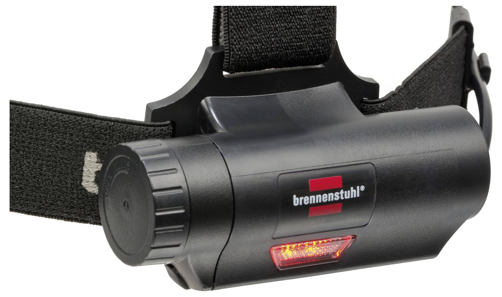 Schwarze Stirnlampe mit verstellbarem Riemen und rotem „brennenstuhl