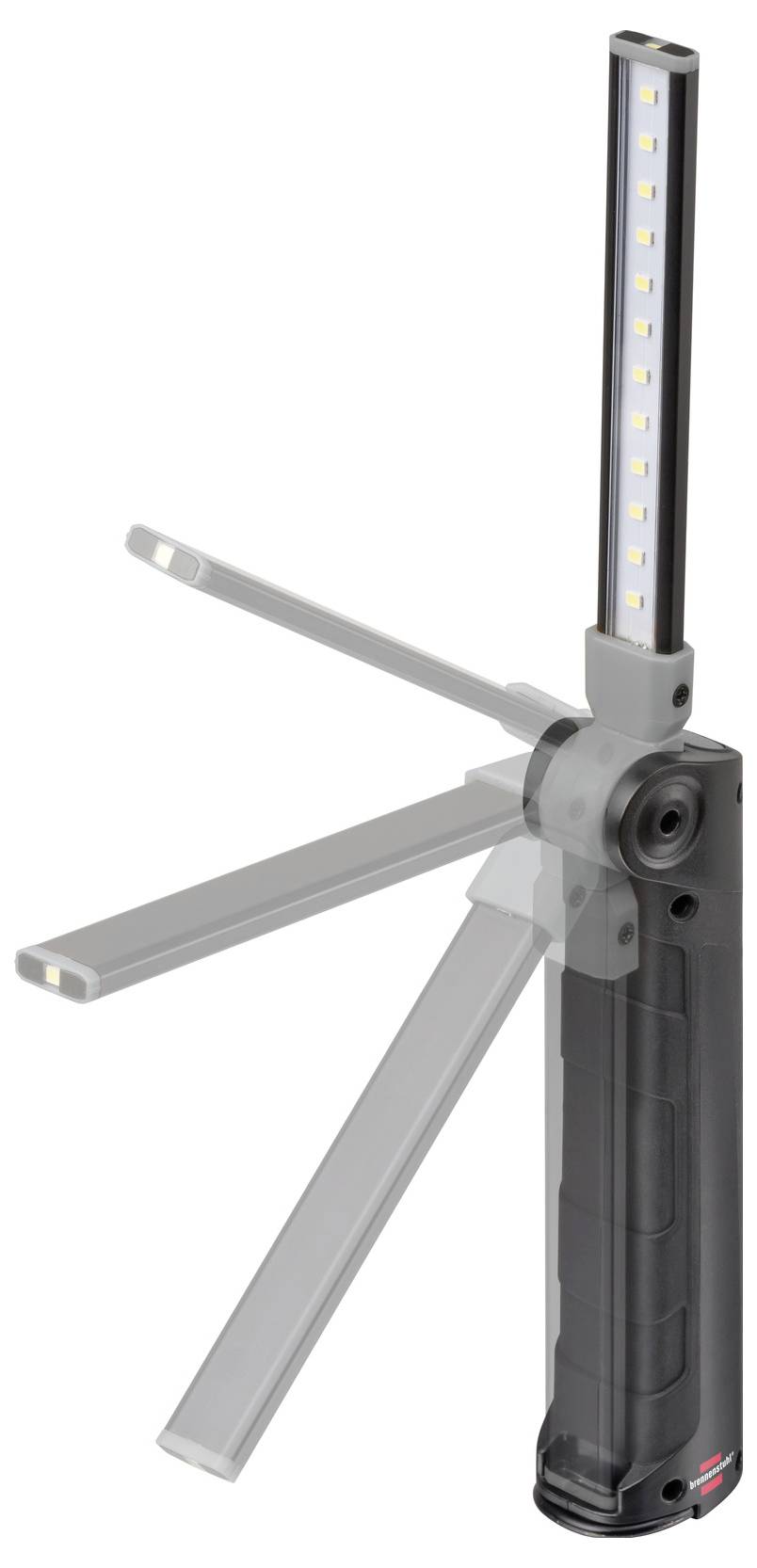 Zusammenklappbare schwarze LED-Arbeitsleuchte mit vier verstellbaren silbernen Armen, dargestellt in einem kompakten tragbaren Design auf weißem Hintergrund.