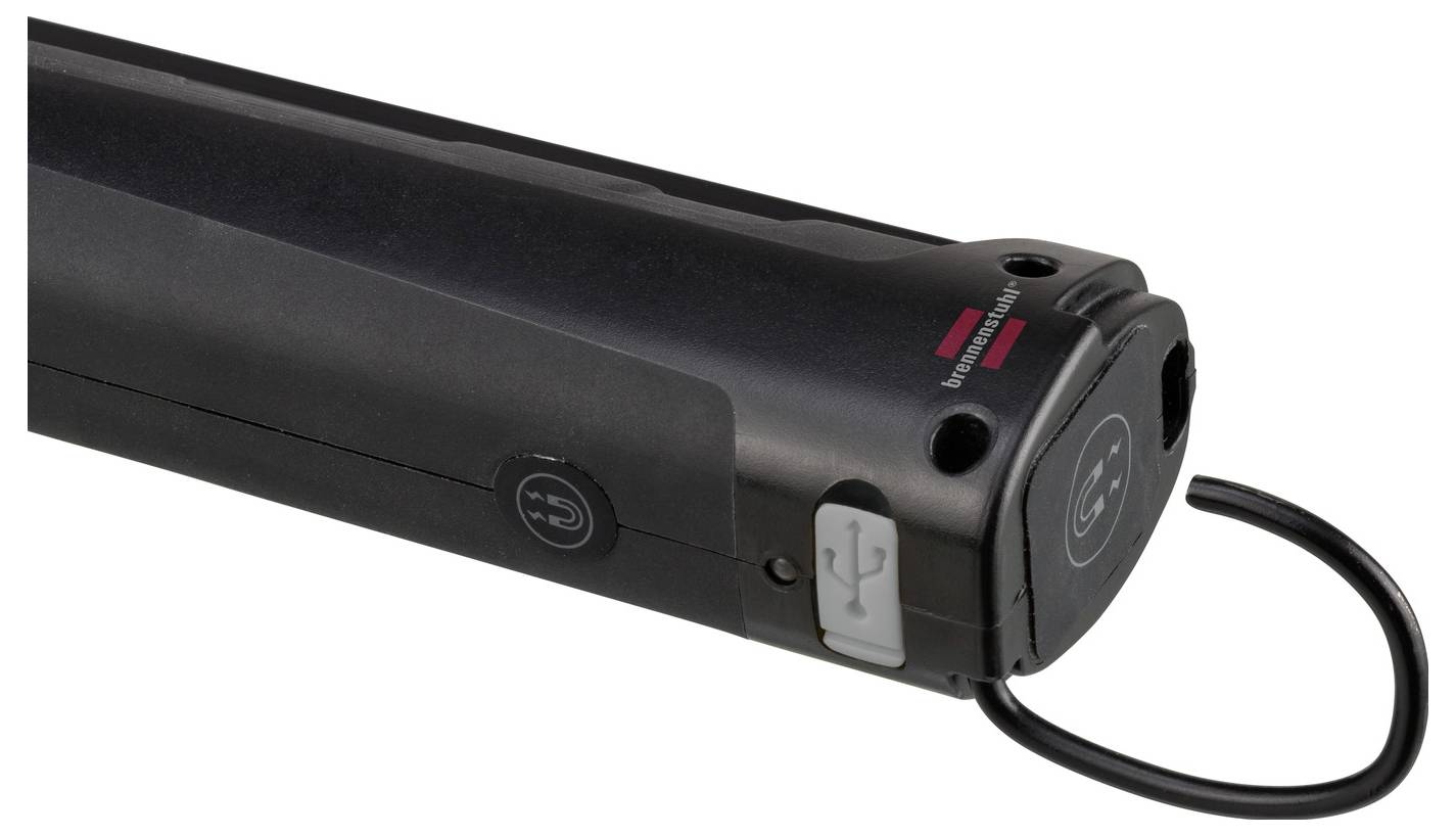 Nahaufnahme eines schwarzen wiederaufladbaren Geräts mit USB-Anschluss und angebrachtem Schleifenkabel, gezeigt auf weißem Hintergrund.