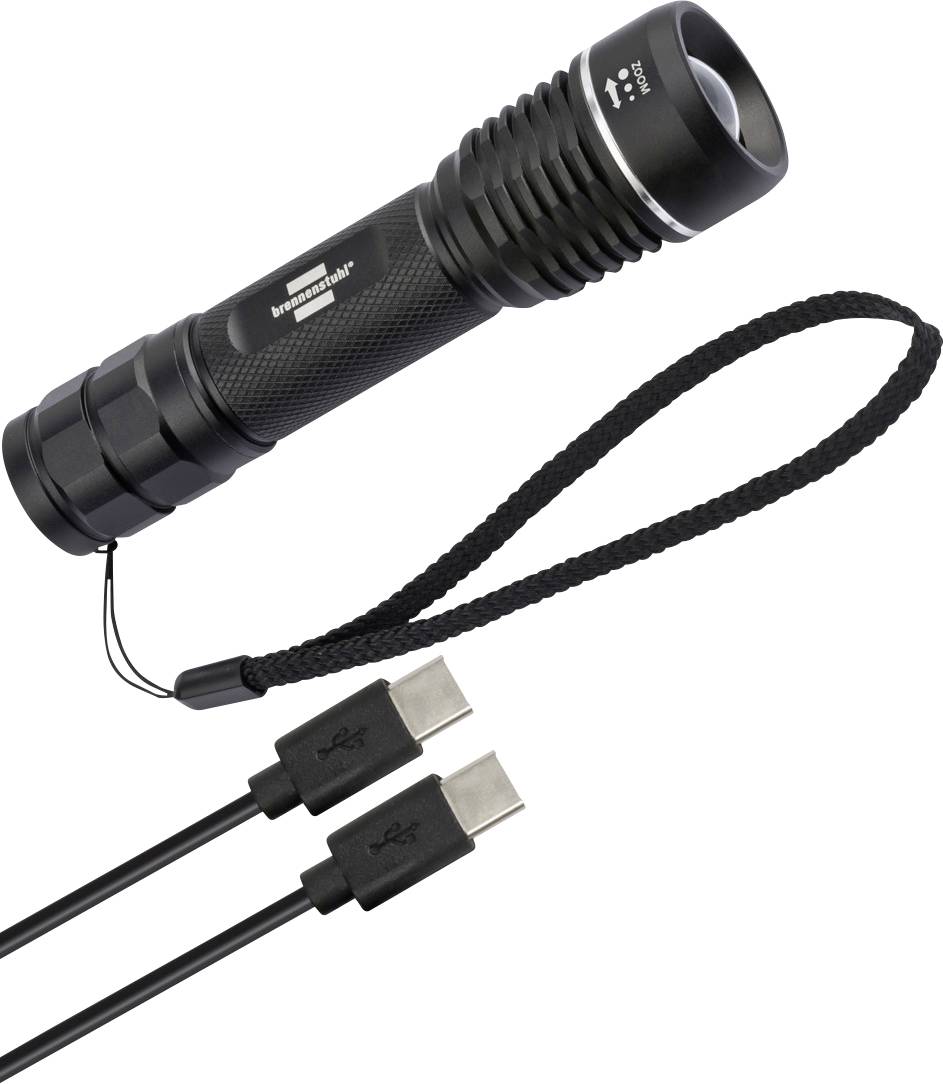 Schwarze aufladbare Taschenlampe mit Handgelenkschlaufe und zwei USB-C-Ladekabeln auf weißem Hintergrund dargestellt.
