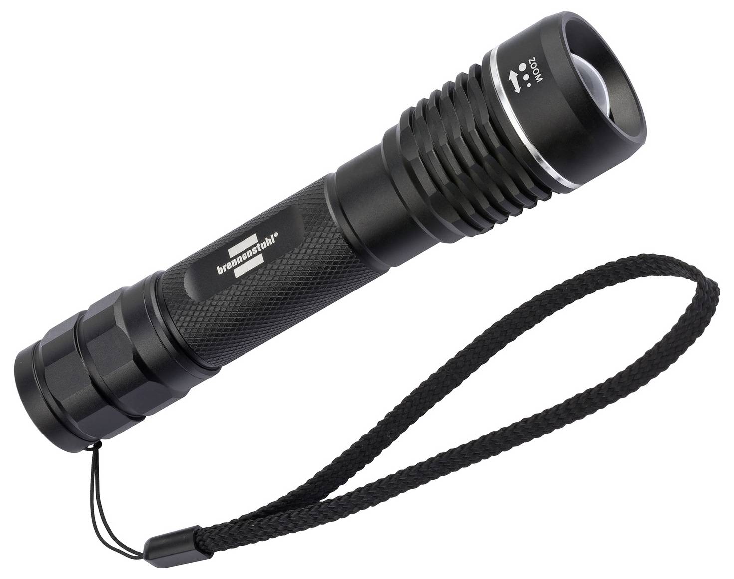 Schwarze Taschenlampe mit Handgelenkschlaufe, auf weißem Hintergrund gezeigt.