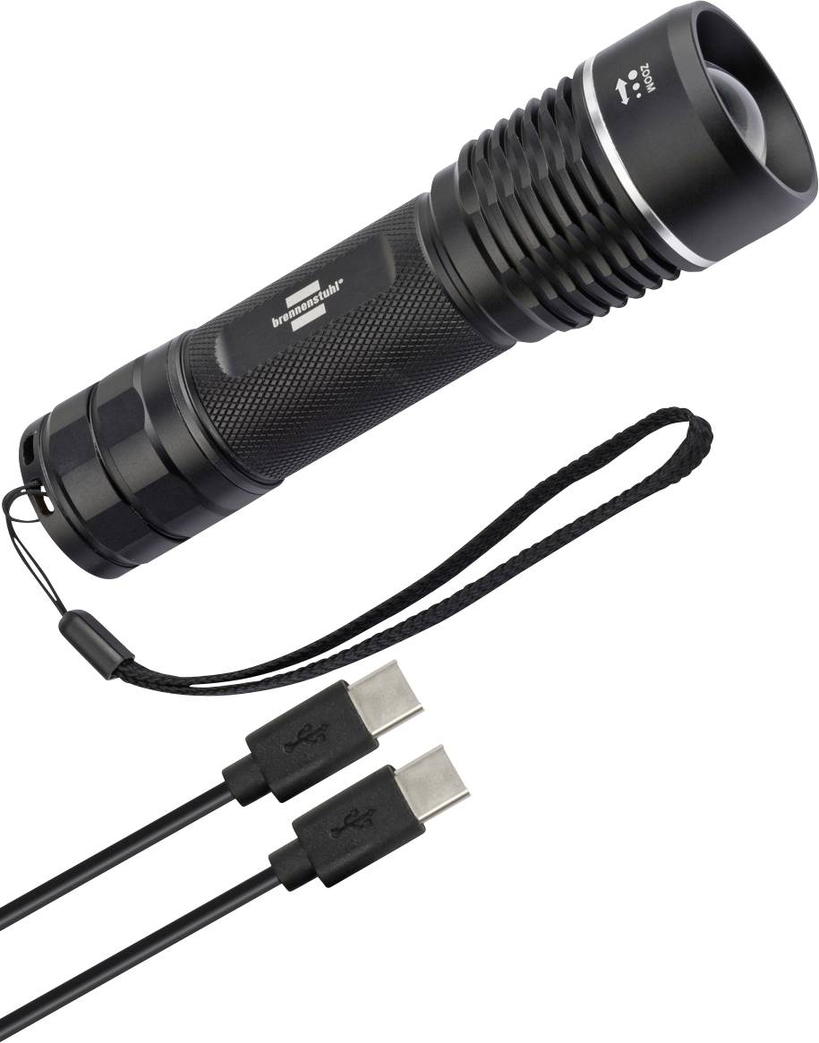 Schwarze tragbare Taschenlampe mit Handgelenkschlaufe, gezeigt mit zwei USB-C-Ladekabeln.