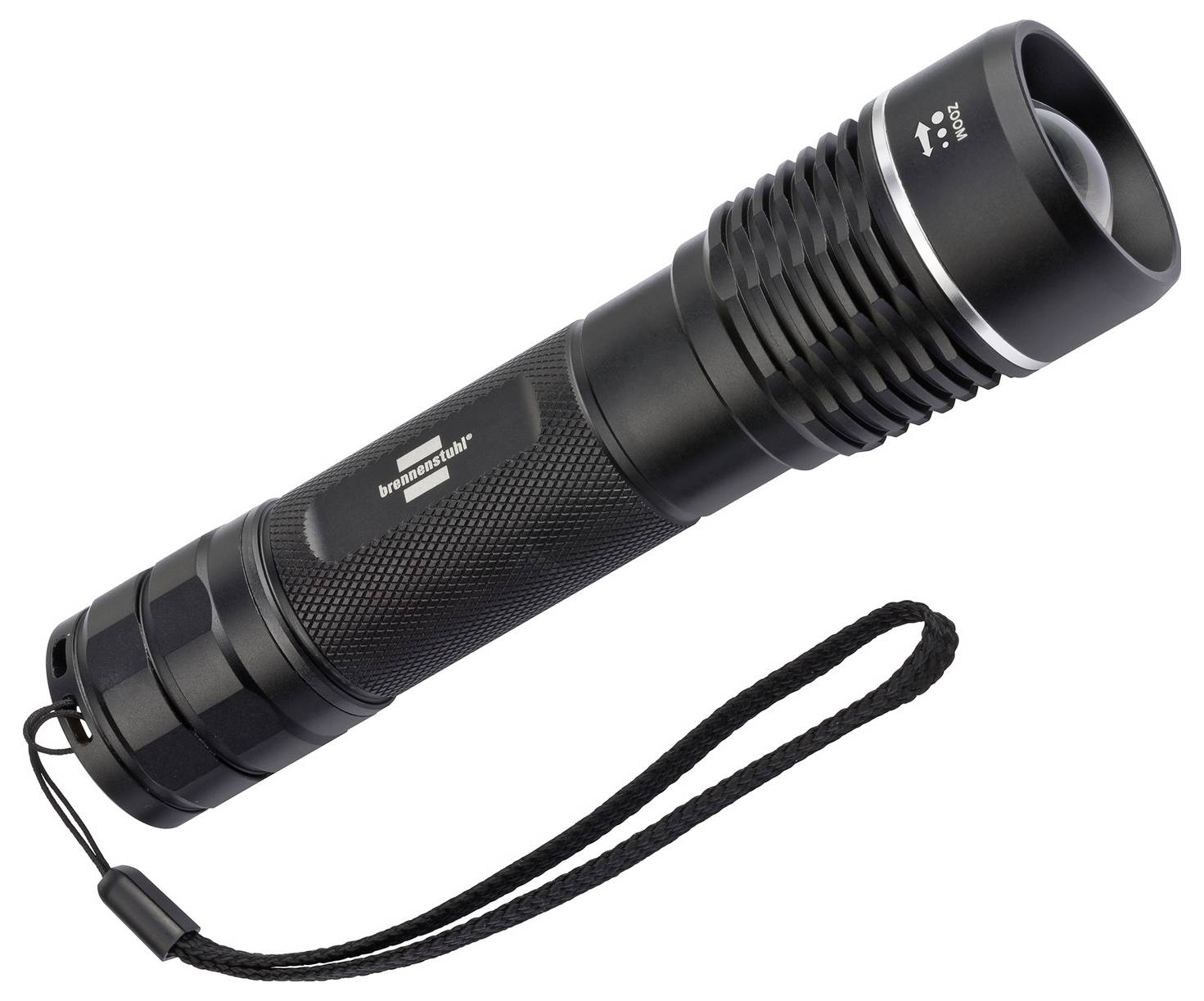 Schwarze tragbare Taschenlampe mit Handgelenkschlaufe, auf weißem Hintergrund abgebildet; vergrößerter Kopf und strukturierte Griffoberfläche deuten auf ein robustes taktisches Design hin.