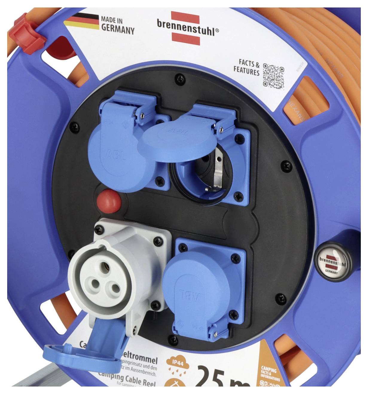 Blau-orangene Brennenstuhl-Kabelrolle mit mehreren abgedeckten Steckdosen und orangem Kabel, mit der Aufschrift „Made in Germany
