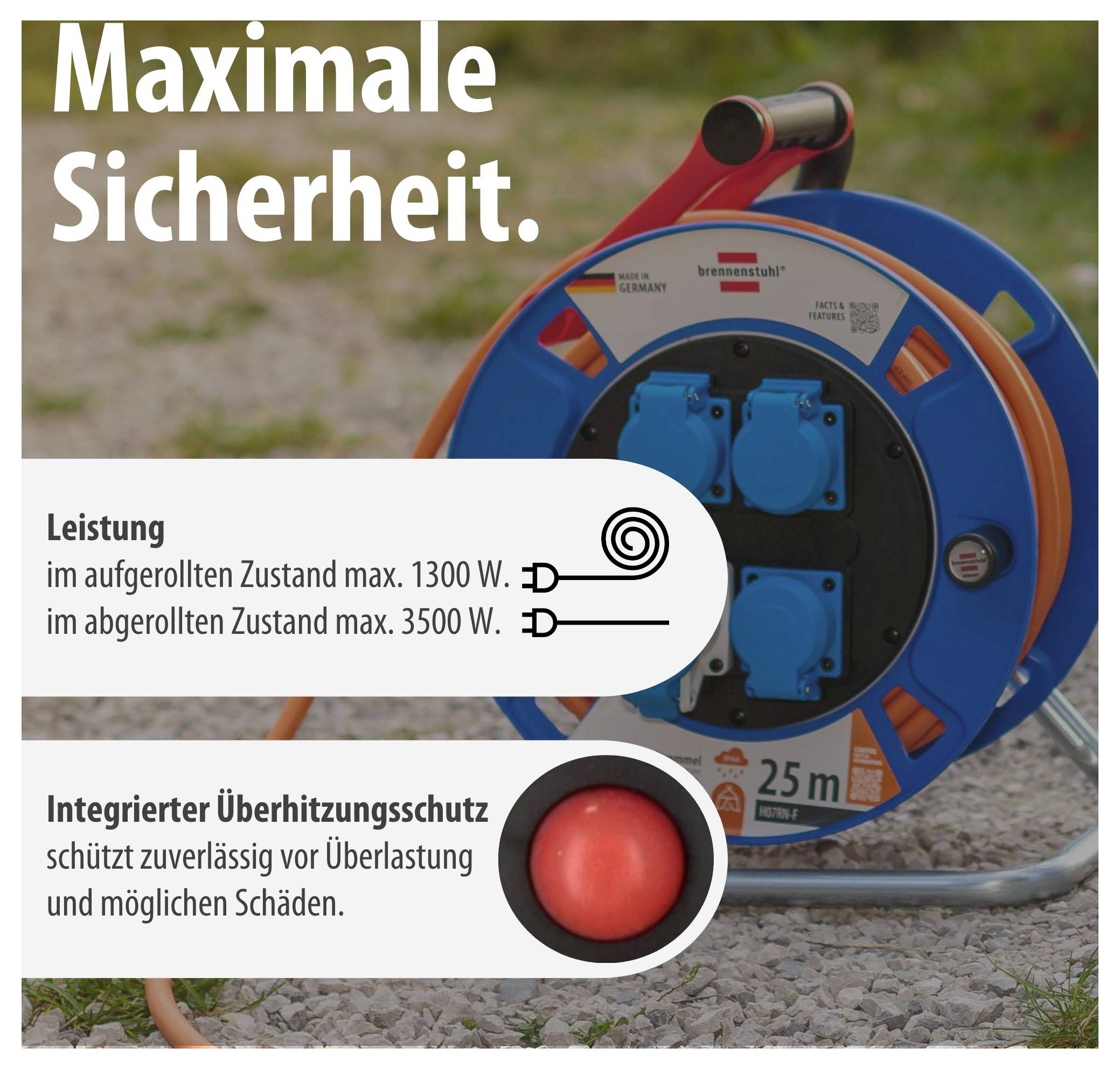 Werbung für eine Kabeltrommel mit 'Maximale Sicherheit', Leistungsangaben 1300 W aufgewickelt und 3500 W abgerollt sowie integriertem Überhitzungsschutz.
