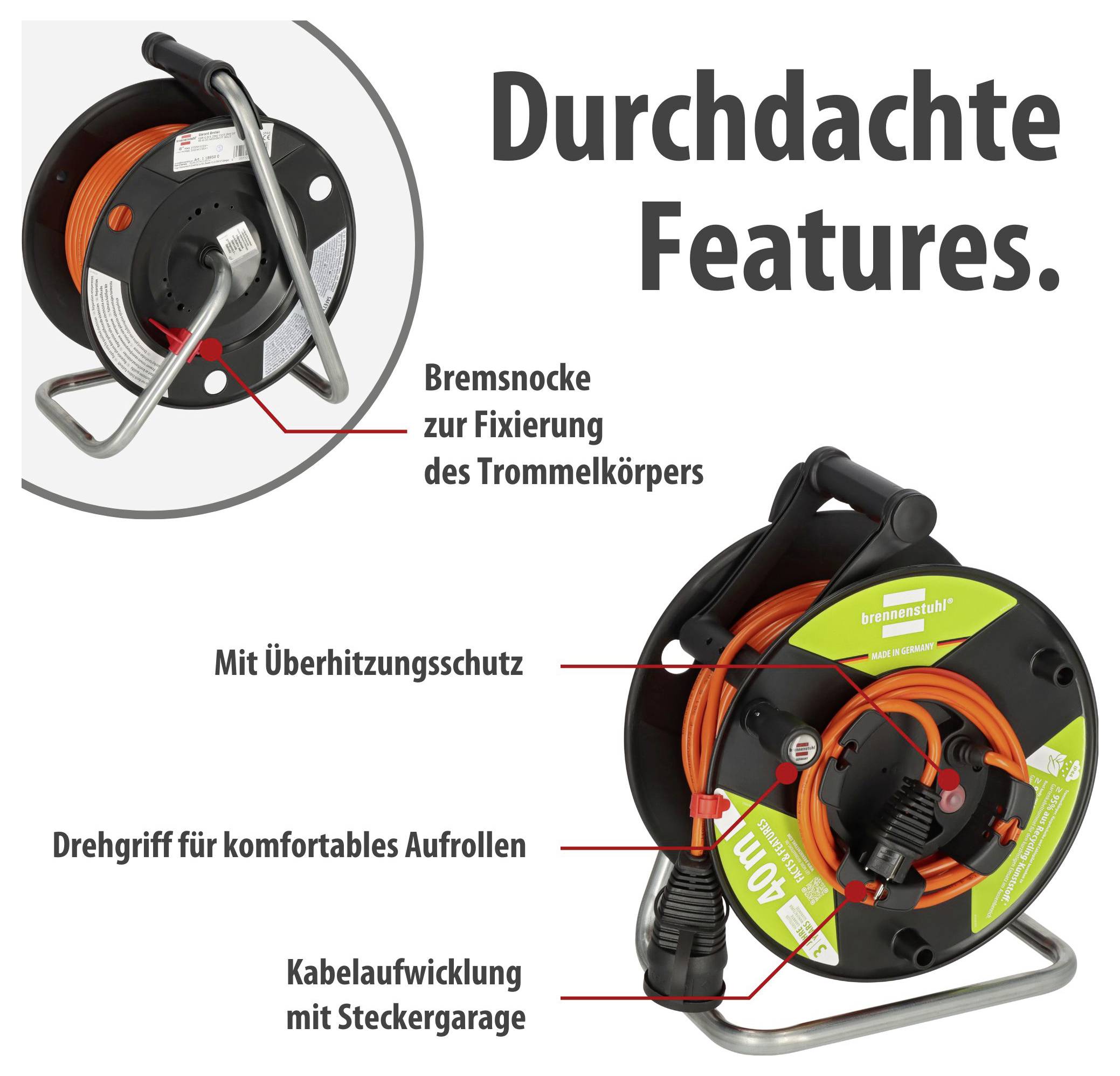 Werbegrafik eines Kabeltrommel-Produkts mit Titel 'Durchdachte Features': Bremsnocke, Überhitzungsschutz, Drehgriff zum Aufrollen und Steckergarage.