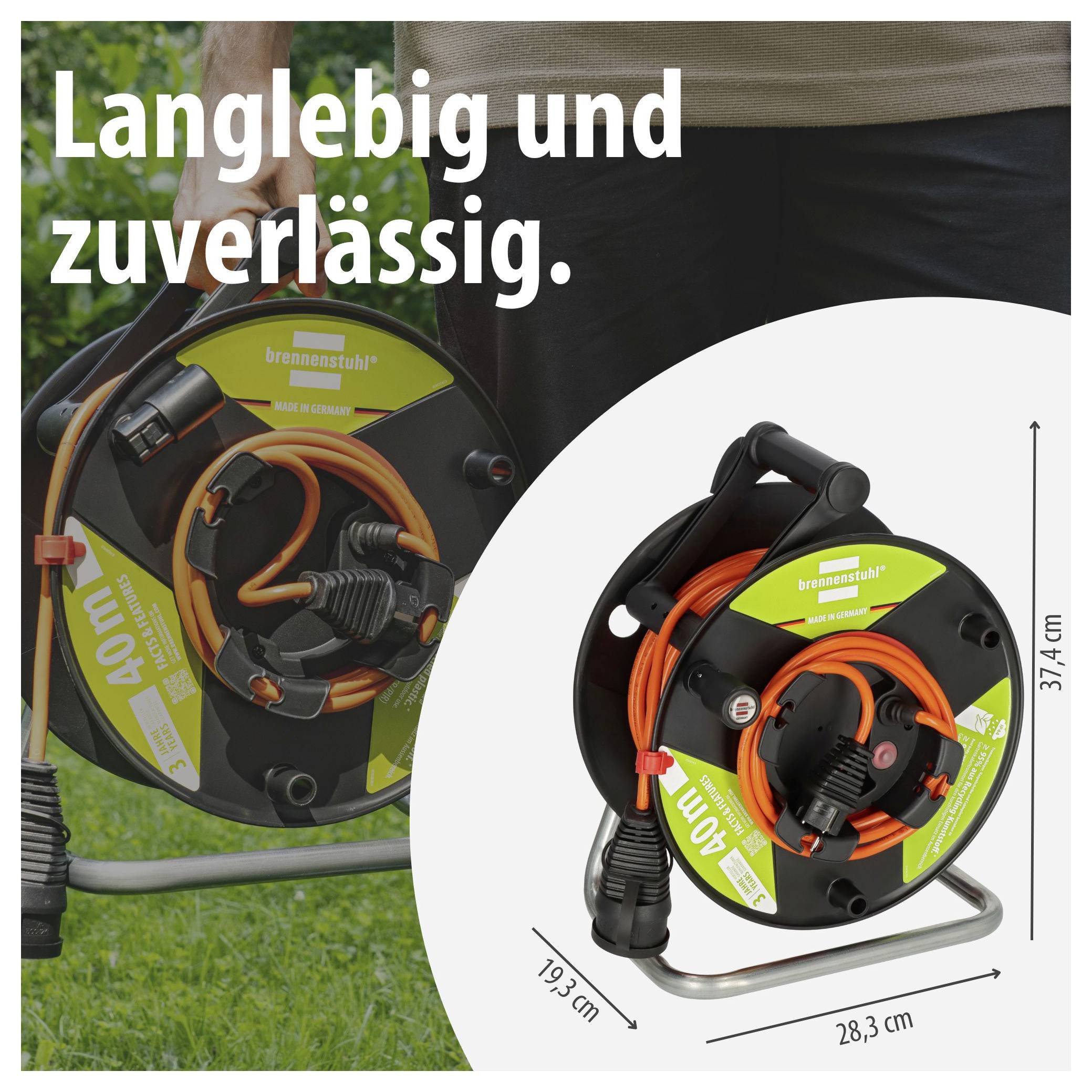 Werbeabbildung einer schwarzen Kabeltrommel mit orangefarbenem Kabel; Text „Langlebig und zuverlässig.“ sowie Maßangaben 19,3 cm, 28,3 cm und 37,4 cm.