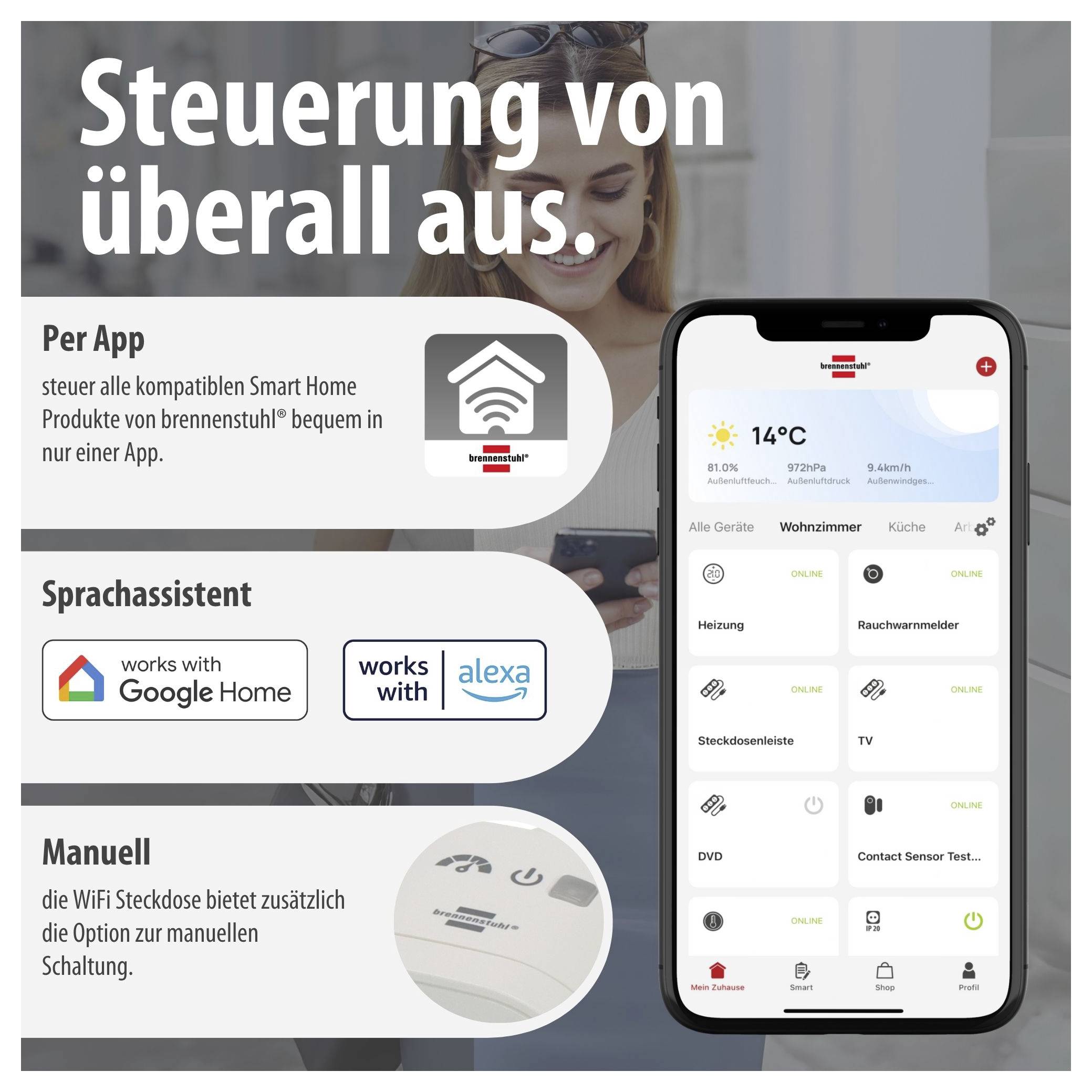 Werbung für Smart-Home-Steuerung: 'Steuerung von überall aus' per App, Sprachassistent mit Google Home und Alexa sowie manuell über WiFi-Steckdose.