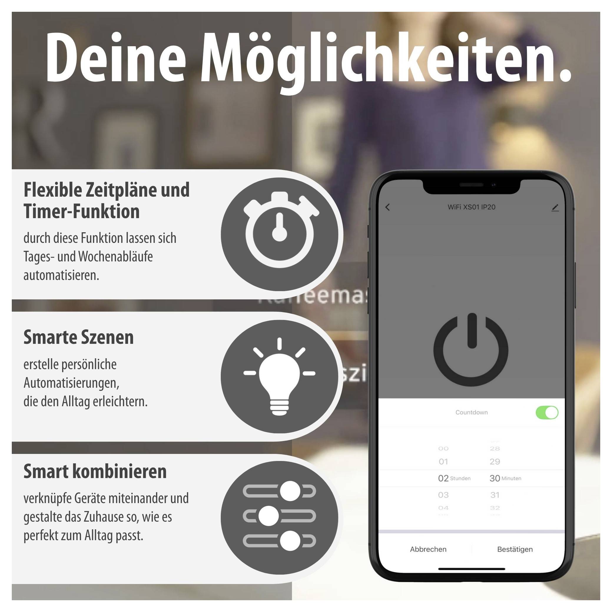 Werbegrafik zu Smart-Home-Funktionen: links die Punkte 'Flexible Zeitpläne und Timer-Funktion', 'Smarte Szenen' und 'Smart kombinieren'; rechts ein Smartphone mit Schalter- und Timer-App.