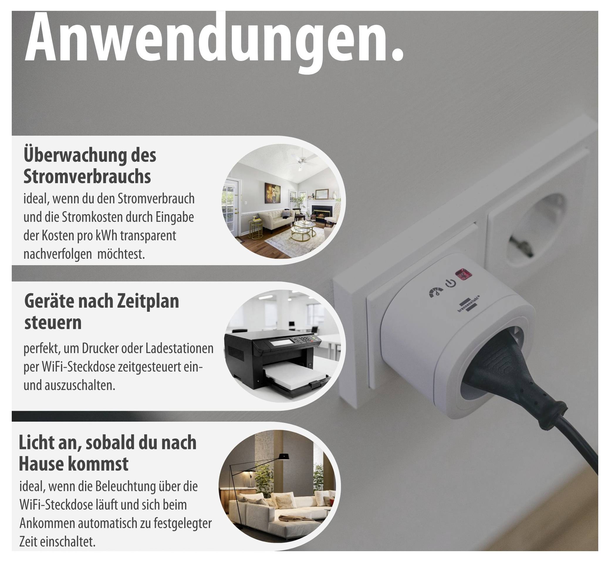 Infografik 'Anwendungen' einer WiFi-Steckdose: Stromverbrauch überwachen, Geräte per Zeitplan steuern und Licht automatisch einschalten, mit Produktfoto rechts.
