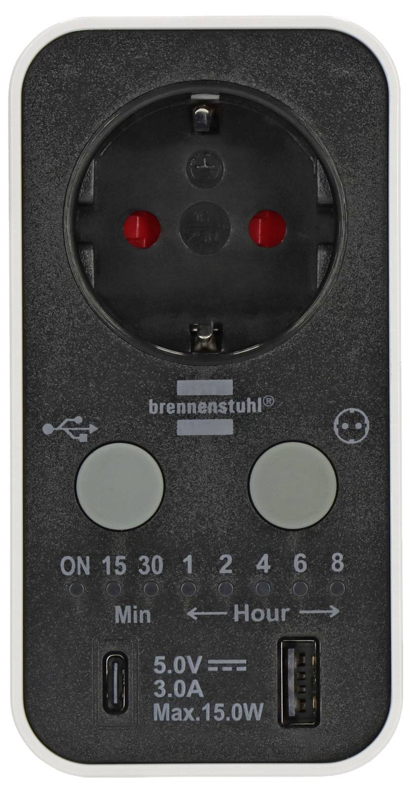 Steckdosen-Zeitschalter mit zwei USB-Ladeanschlüssen, gekennzeichnet mit Ein-/Aus-Zeit-Einstellungen, zur Steuerung der Stromversorgung und zum Laden von Geräten.