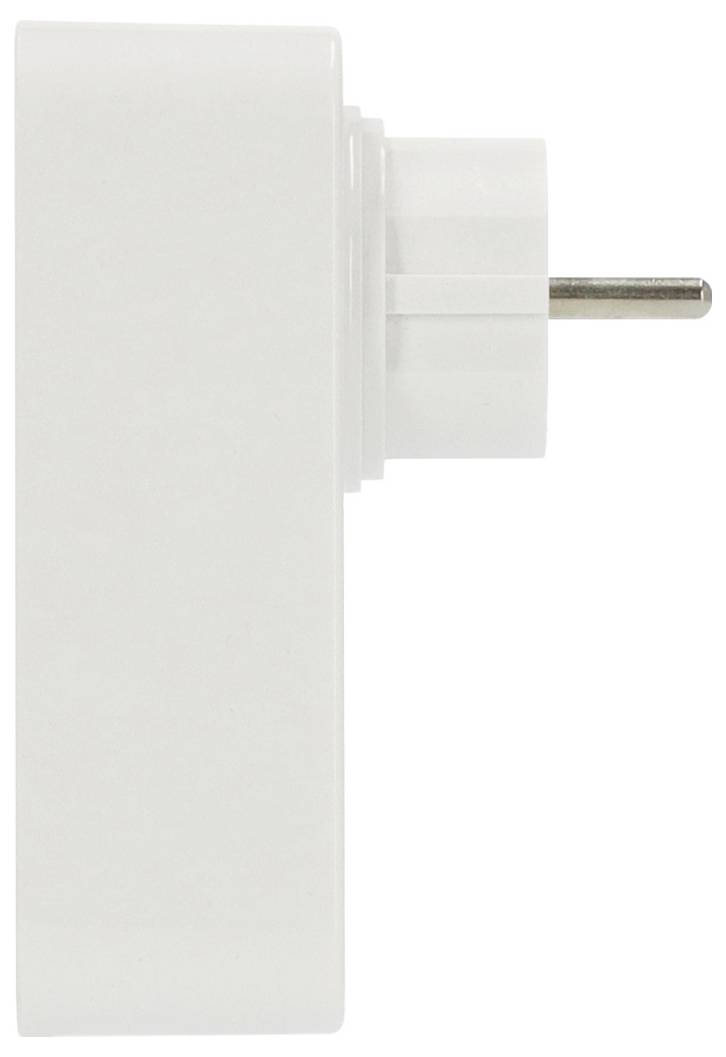 Weißer Steckdosenadapter mit einer einzelnen Metallkontaktstift, der sich nach rechts erstreckt, auf einfachem Hintergrund gezeigt.