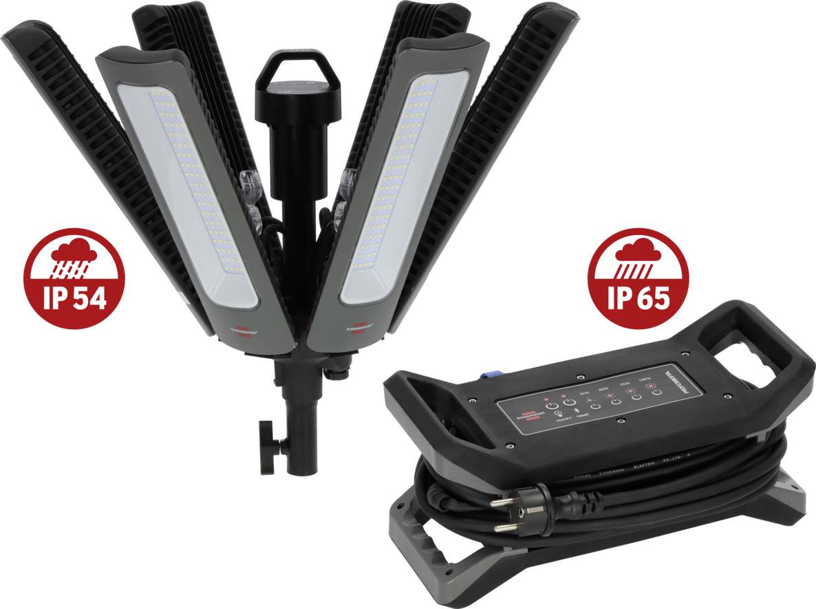 Ein tragbarer LED-Baustrahler mit verstellbaren Lamellen. Links IP54, rechts IP65 geschützt. Mit Netzkabel und Bedienfeld.