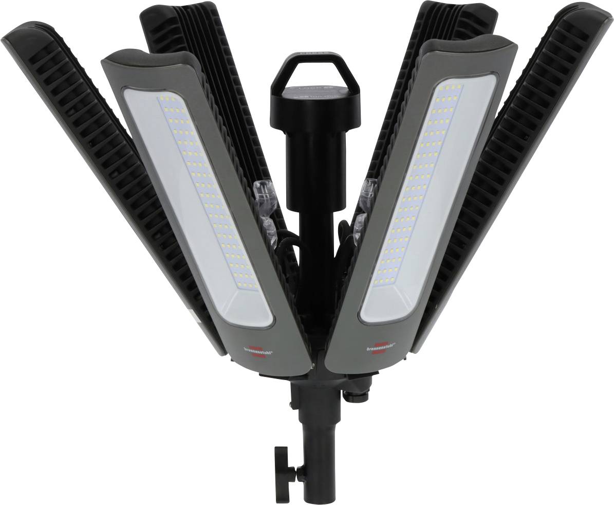 Industrieleuchte mit mehreren ausklappbaren LED-Panels und Halterung, geeignet für großflächige Ausleuchtung in Innenbereichen.