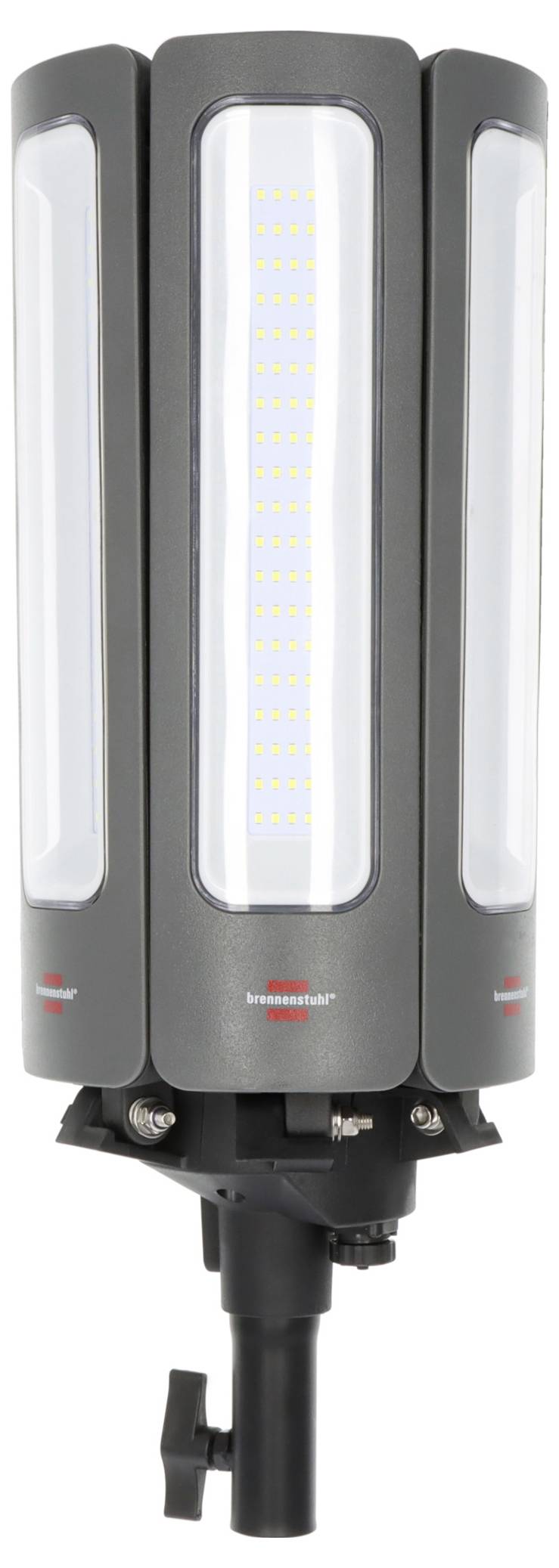 Eine dreiteilige LED-Leuchte mit vertikalen Streifen und stabilem, schwarzem Halterungsfuß. Ideal für Studio- oder Bühnenbeleuchtung.