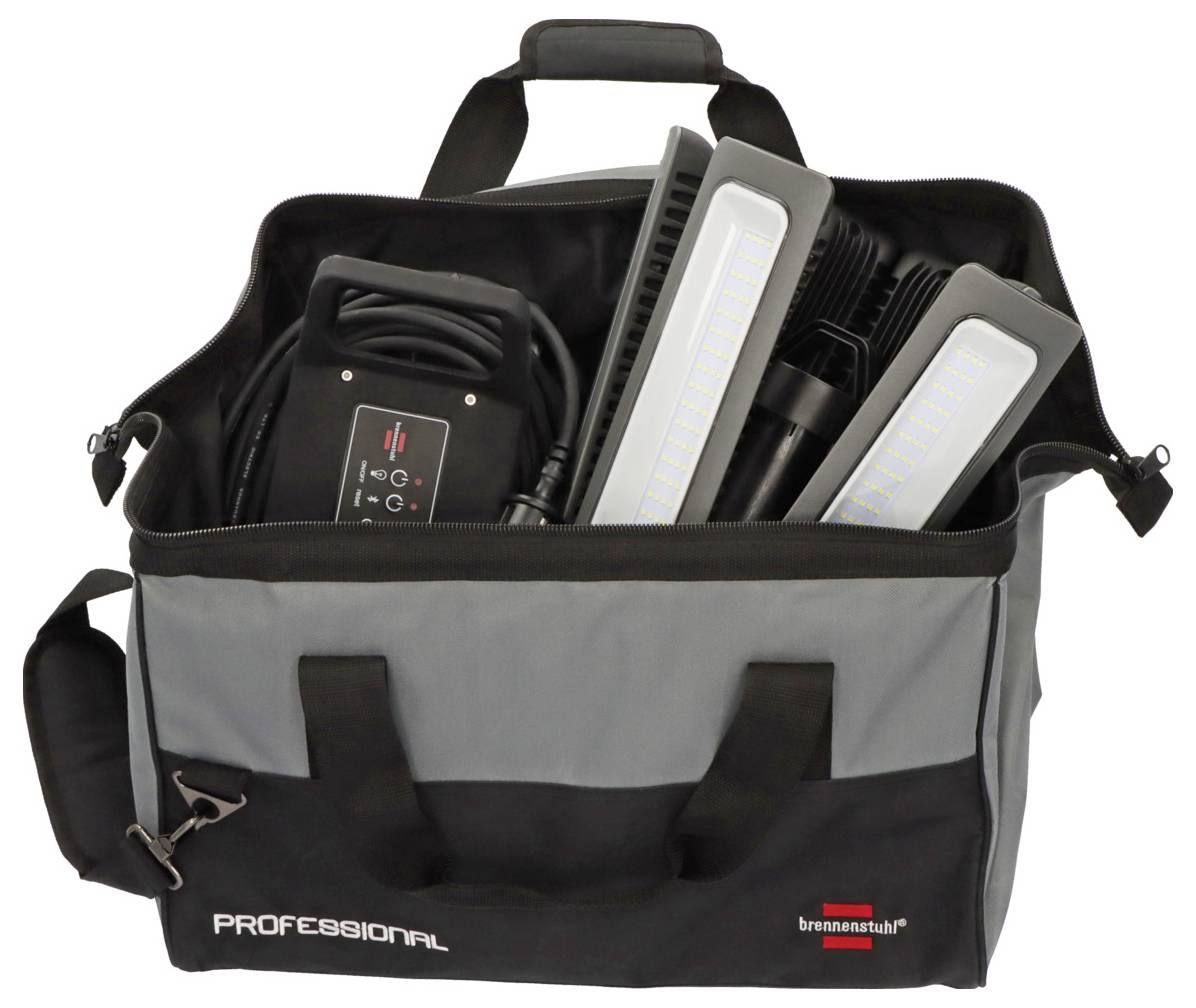 Eine graue Werkzeugtasche von Brennenstuhl mit 'Professional'-Aufdruck, gefüllt mit LED-Leuchten und einem Steuergerät.