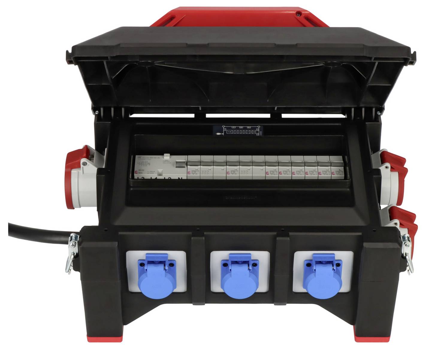 Ein schwarzes elektrisches Verteilersystem mit roten und blauen Steckdosen, geeignet für den Einsatz auf Baustellen oder Veranstaltungen.