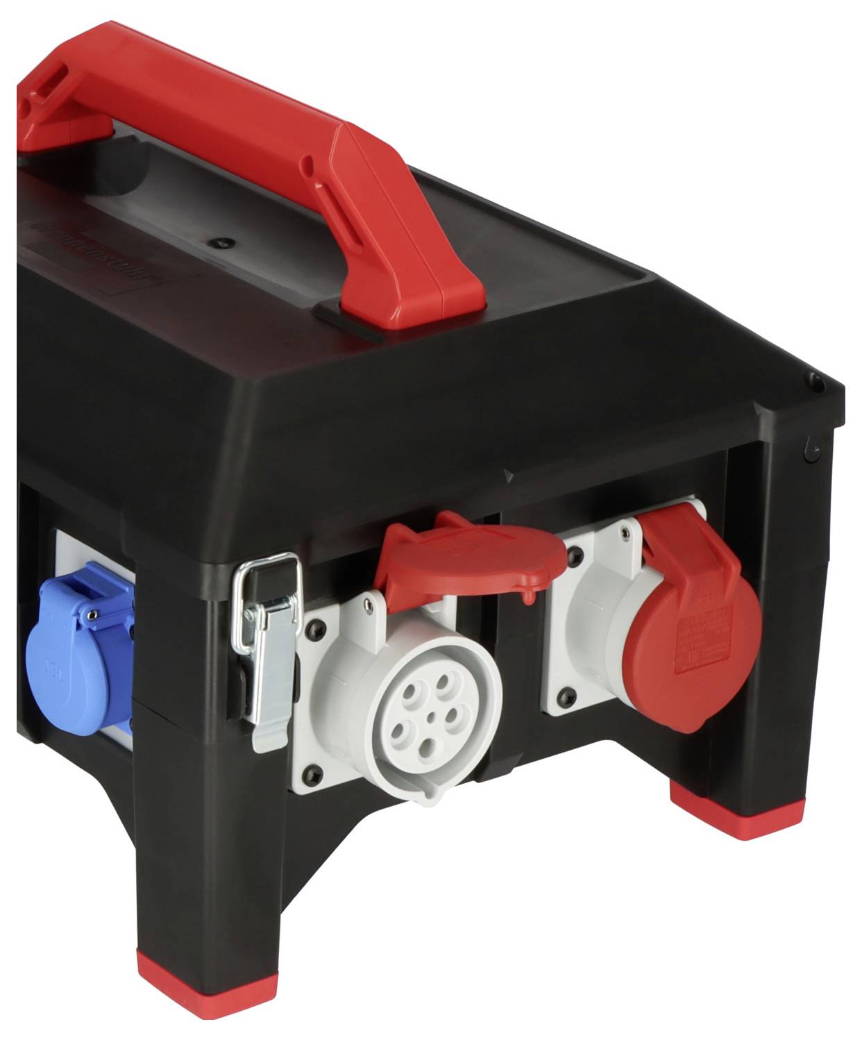 Ein tragbarer Stromverteilerkasten mit rotem Griff und mehreren Steckdosen, darunter eine blaue und zwei rote, zum Anschluss elektrischer Geräte.