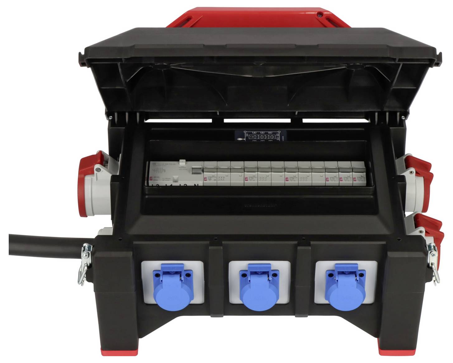Schwarze tragbare Verteilerbox mit drei blauen Steckdosen, mehreren Sicherungen und einem offenen Deckel.