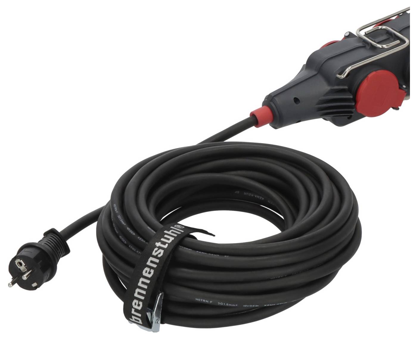 Aufgerolltes schwarzes Stromkabel mit europäischem Stecker und schwarz-rotem Stecker, wahrscheinlich für ein Elektrowerkzeug oder Gerät.