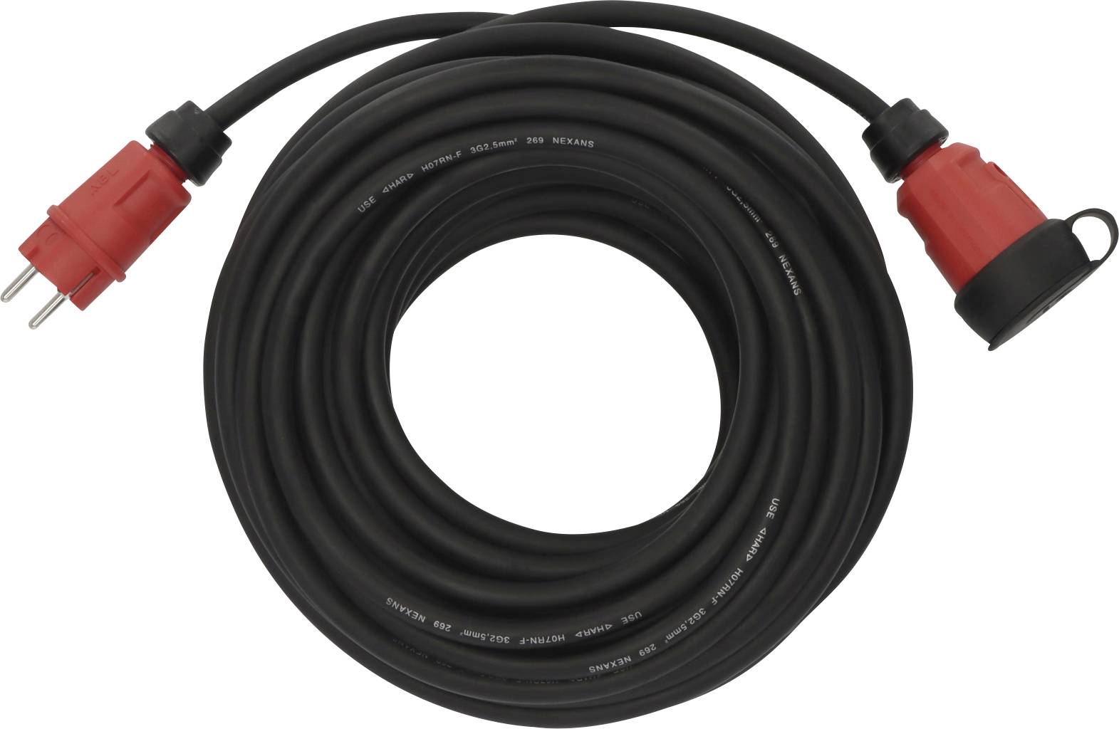 Ein schwarzes Verlängerungskabel mit rotem Stecker und roter Buchse, aufgerollt und für den Außenbereich geeignet.