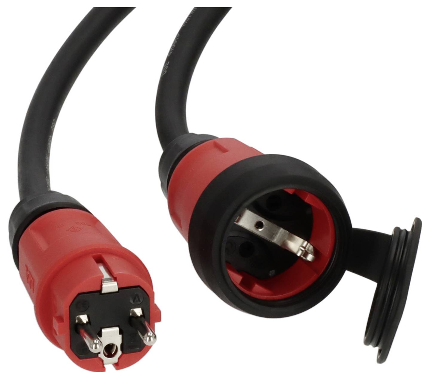 Ein rotes, wasserdichtes Kabel mit einem Stecker und einer Buchse, geeignet für den Einsatz in rauen Umgebungen.