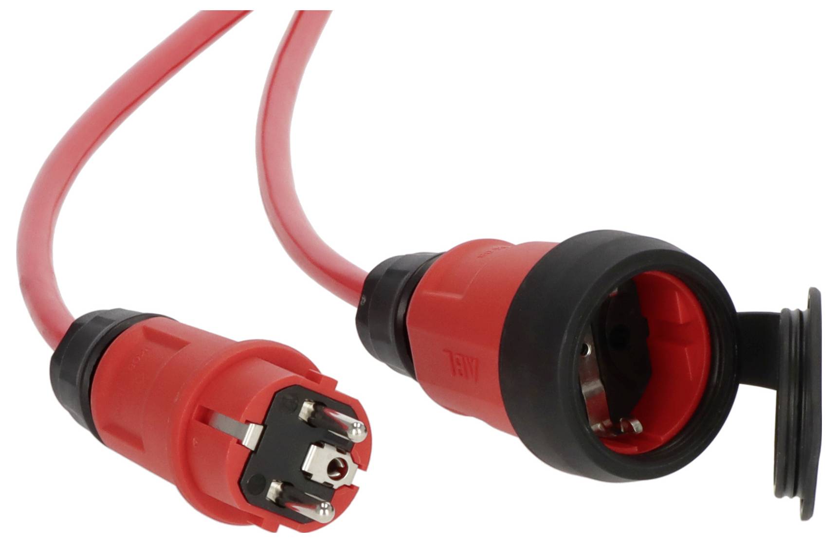 Rotes Elektrokabel mit zwei Industriesteckverbindern: ein offenes Stecker-Ende und eine runde Buchse mit schwarzer Schutzkappe.
