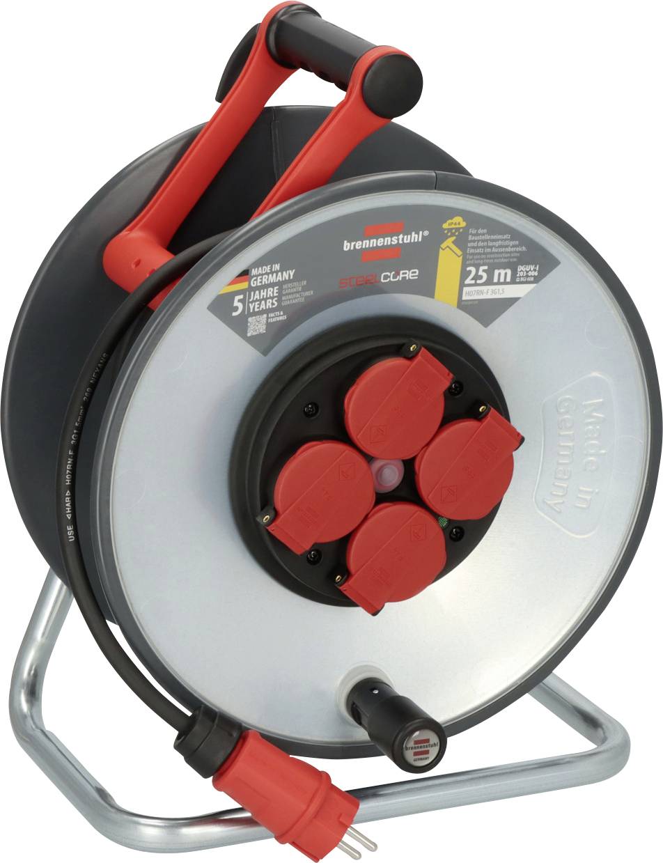 Kabeltrommel mit 25 Metern Kabel und vier Steckdosen. Rot-schwarzes Design, geeignet für Innengebrauch. 