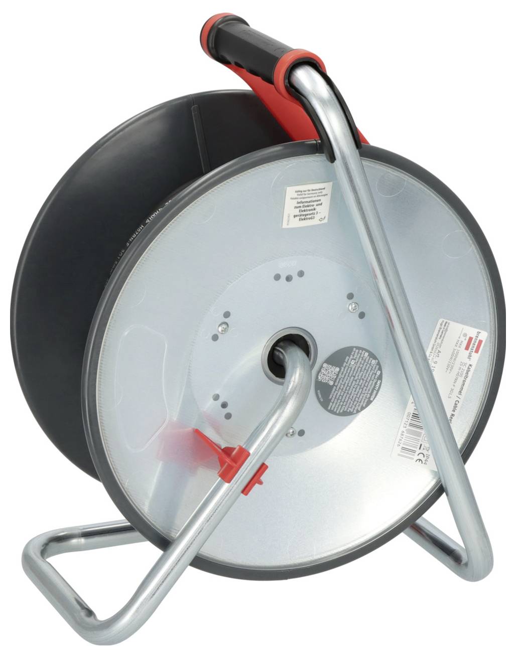 Leere Kabeltrommel aus Metall mit rotem Griff und stabilem Standfuß aus Metall, geeignet für den Einsatz im Innen- und Außenbereich.