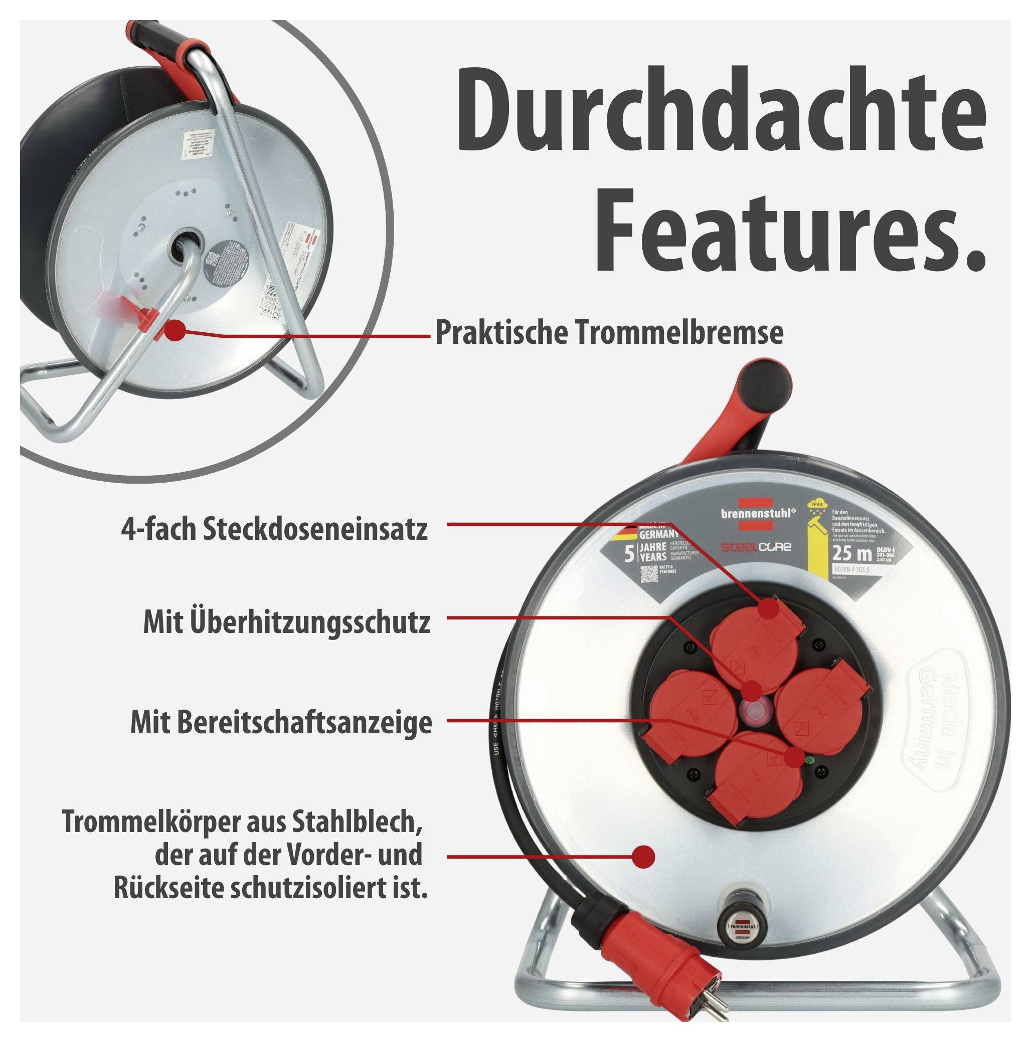 Produktgrafik einer Kabeltrommel mit dem Titel 'Durchdachte Features': Trommelbremse, 4-fach Steckdoseneinsatz, Überhitzungsschutz, Bereitschaftsanzeige und isolierter Stahlblechkörper.