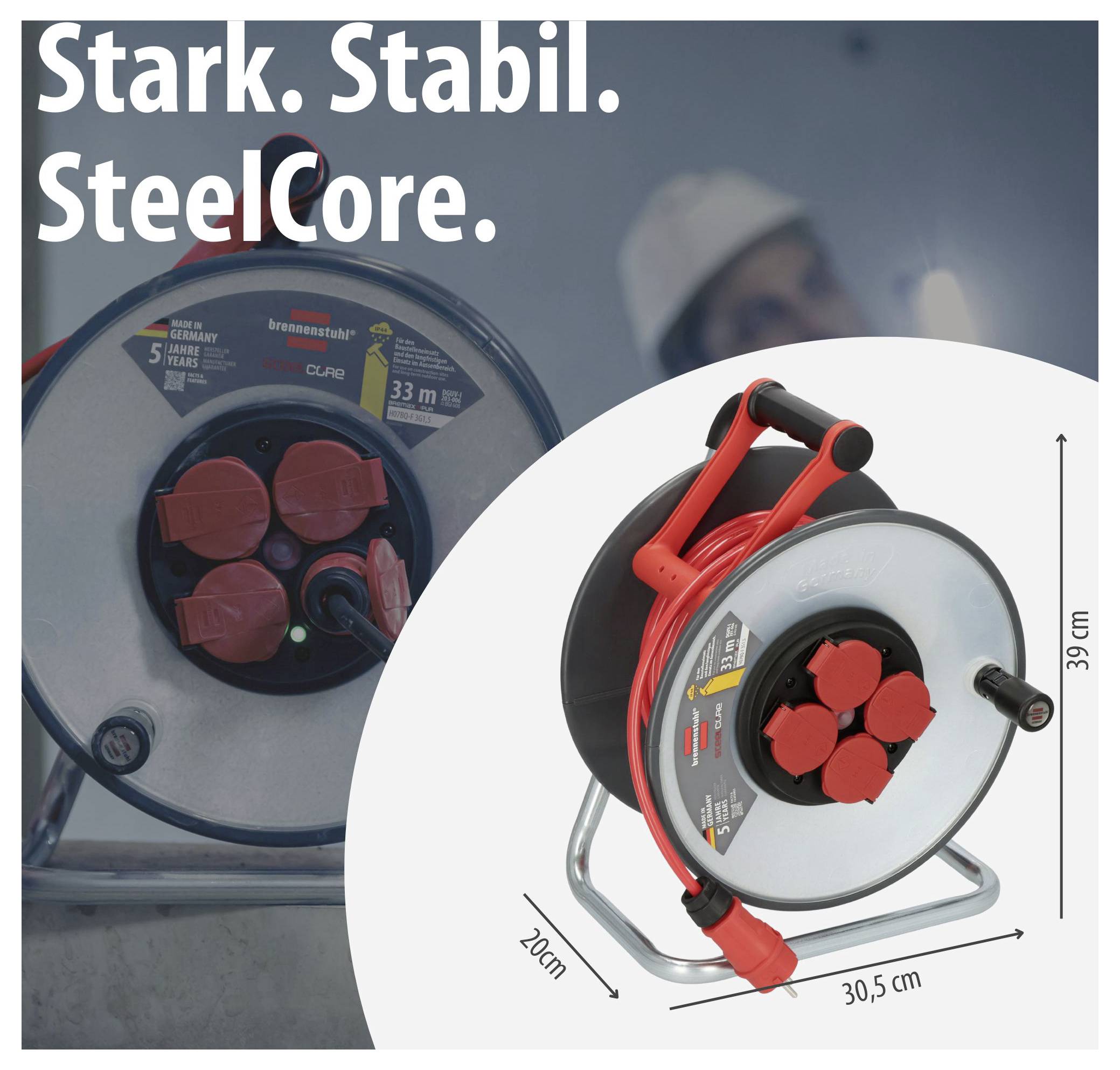 Produktwerbung für eine Kabeltrommel mit dem Slogan 'Stark. Stabil. SteelCore.'; gezeigt werden Trommel und Maßangaben 39 cm, 30,5 cm und 20 cm.