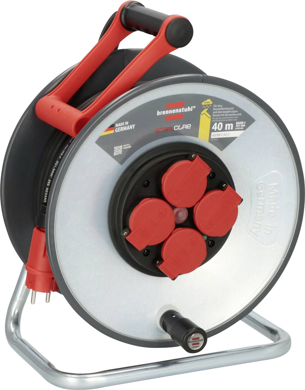 Elektrische Kabelrolle in Rot auf einem Metallständer mit vier Steckdosen und einem Tragegriff, gekennzeichnet mit 40 m.