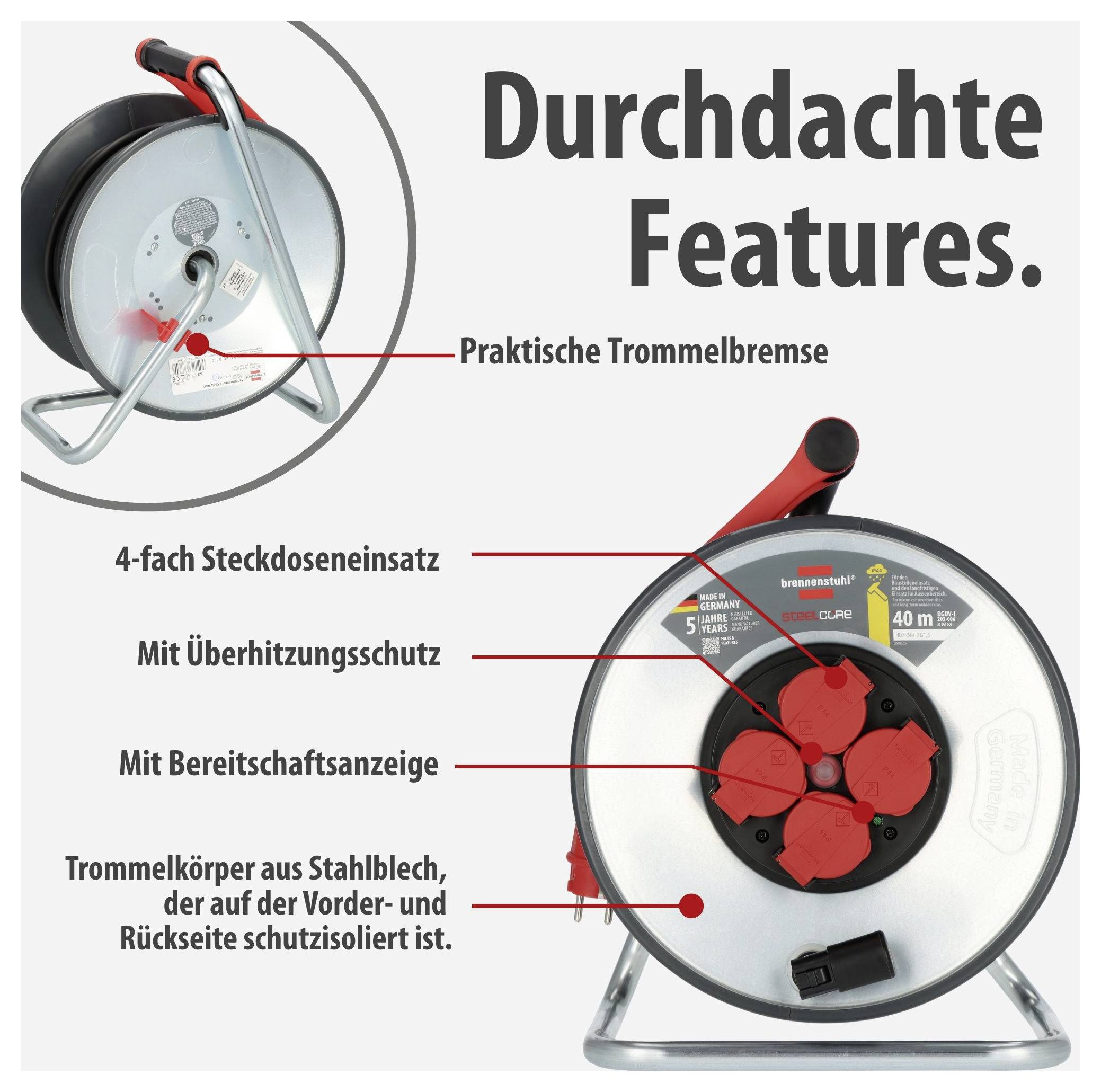 Werbegrafik einer Kabeltrommel mit hervorgehobenen Merkmalen: Trommelbremse, 4-fach Steckdoseneinsatz, Überhitzungsschutz, Bereitschaftsanzeige und isolierter Stahlblech-Trommelkörper.