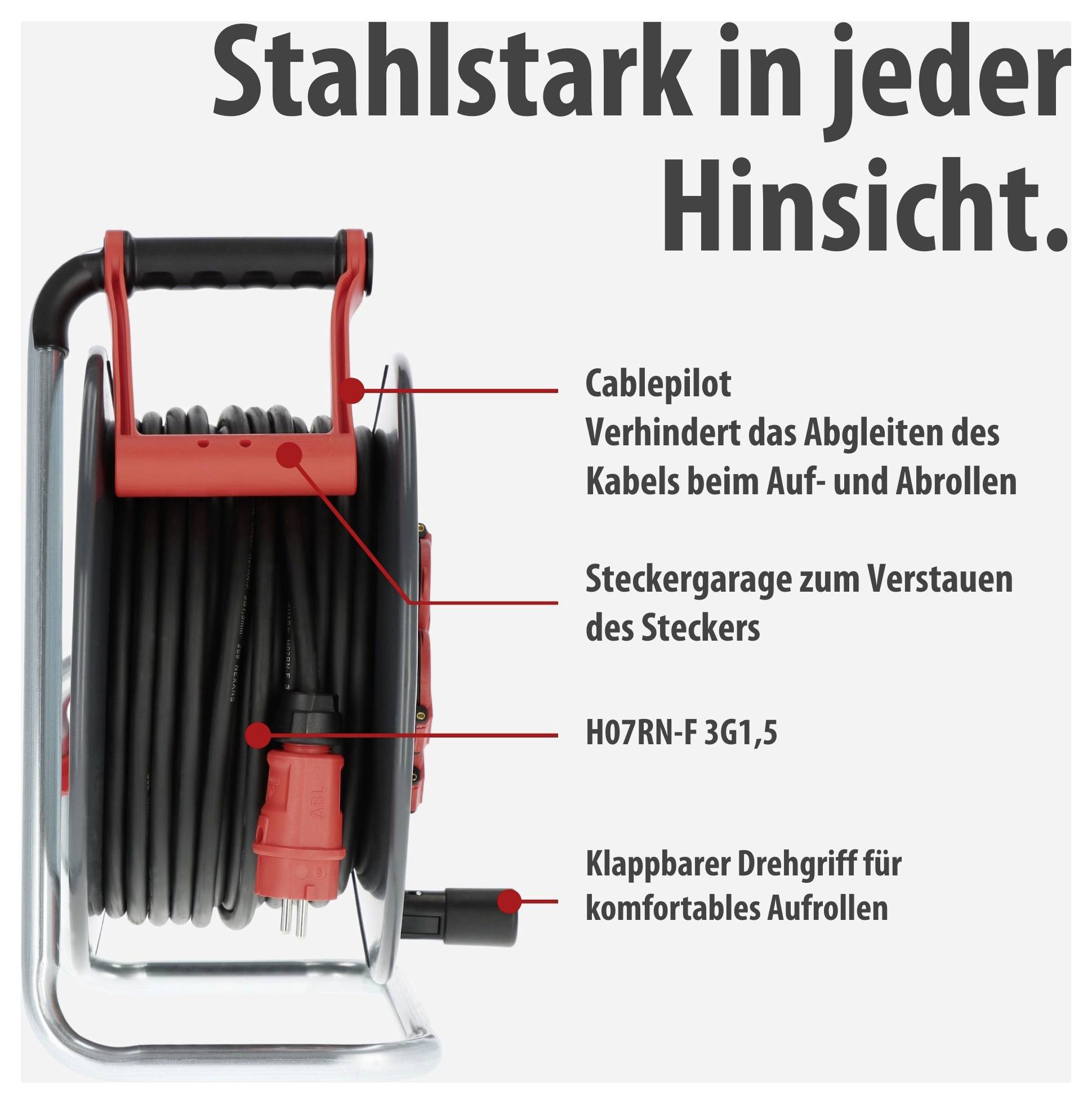 Kabeltrommel mit rotem Griff und schwarzem Kabel; Text nennt Kabelpilot, Steckergarage, H07RN-F 3G1,5 und klappbaren Drehgriff.