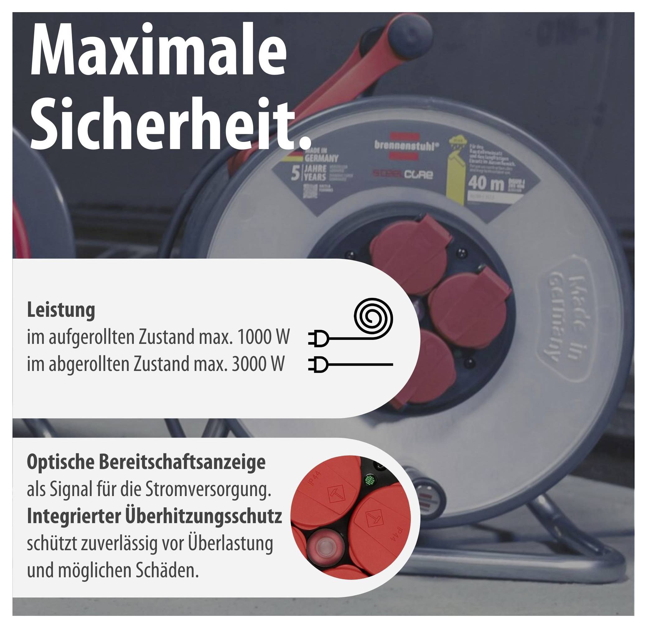 Werbeanzeige für eine Kabeltrommel mit dem Titel 'Maximale Sicherheit', zeigt Leistungsangaben, optische Bereitschaftsanzeige und integrierten Überhitzungsschutz.