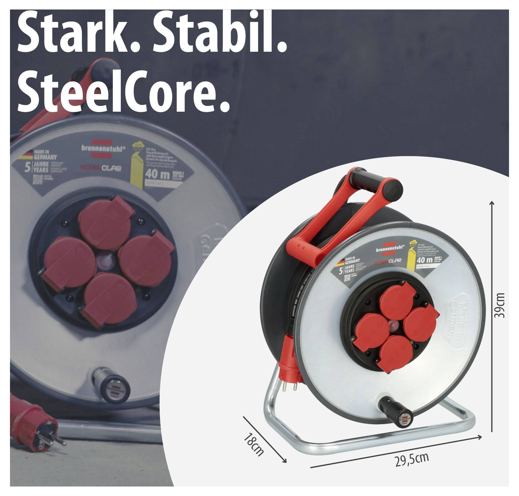 Werbeabbildung einer Kabeltrommel mit Aufdruck 'Stark. Stabil. SteelCore.', gezeigt mit Maßen 29,5 cm x 39 cm x 18 cm.