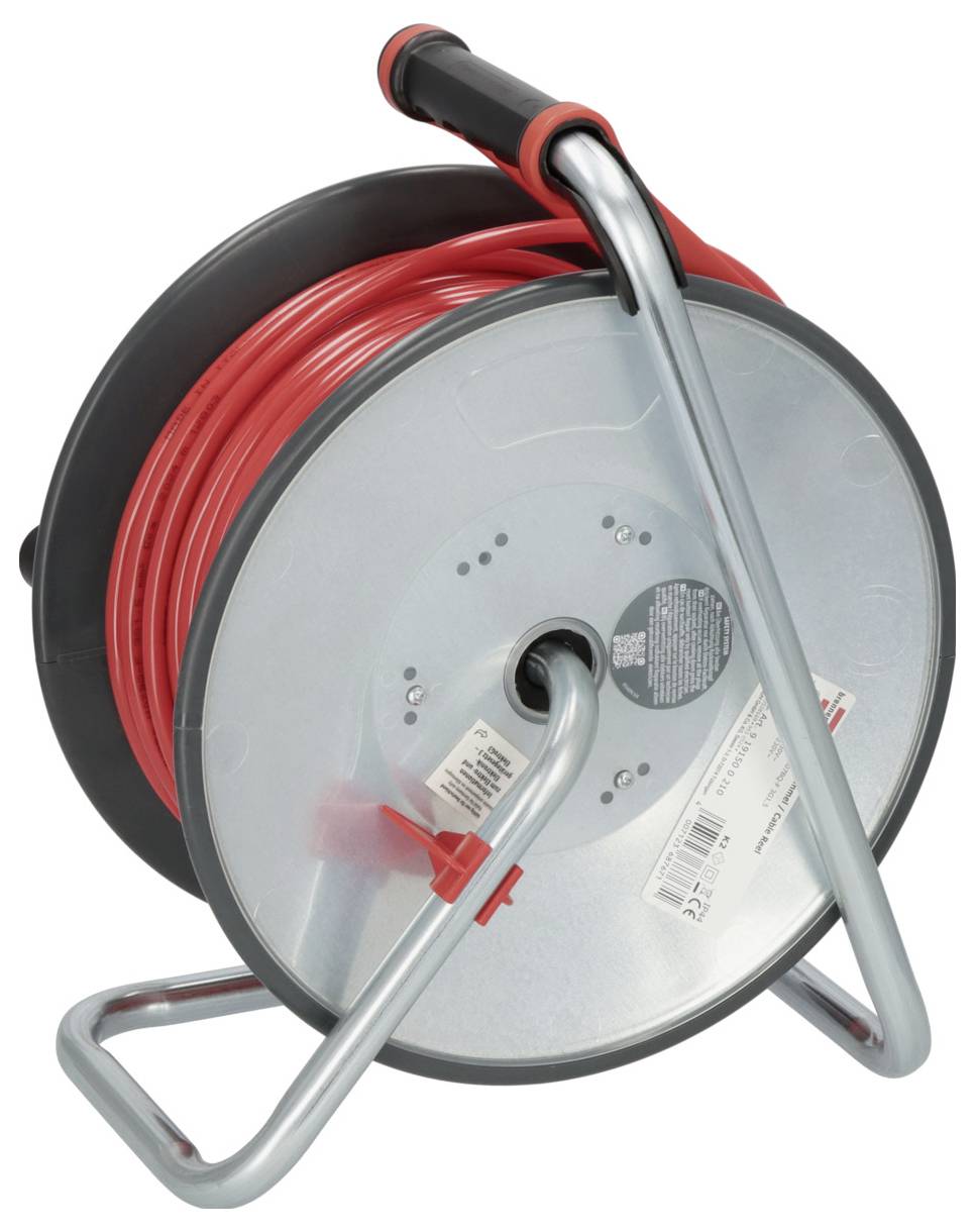 Eine Kabeltrommel mit rotem Kabel und silbernem Gestell, seitlich gesehen. Das Kabel ist teilweise aufgewickelt.