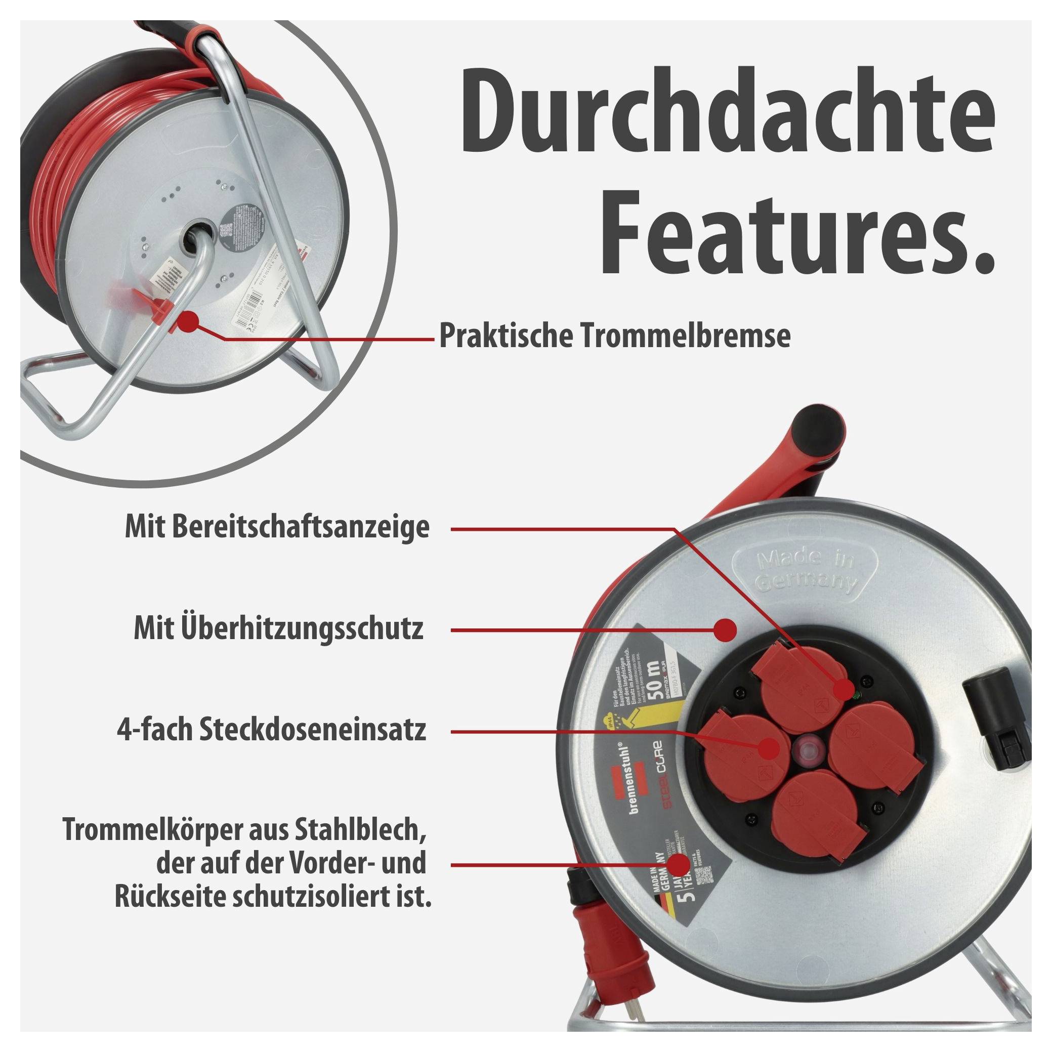 Werbegrafik einer Kabeltrommel mit der Überschrift 'Durchdachte Features.'; markiert sind Trommelbremse, Bereitschaftsanzeige, Überhitzungsschutz, 4-fach Steckdoseneinsatz und schutzisolierter Stahlblechkörper.