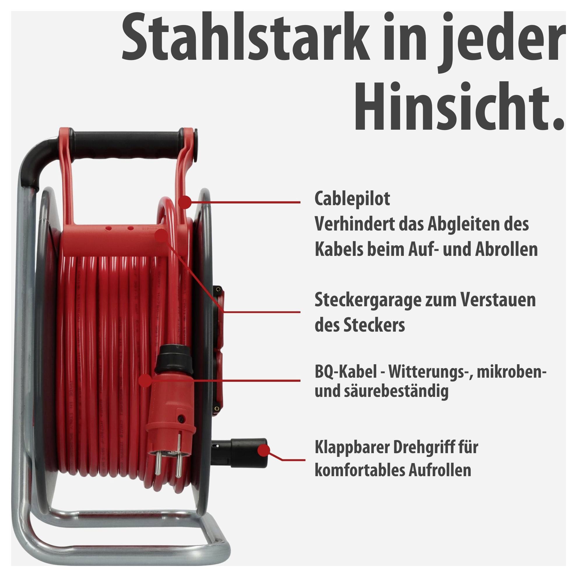 Rote Kabeltrommel mit Handgriff; Text nennt 'Stahlstark in jeder Hinsicht' und Funktionen: Cablepilot, Steckergarage, BQ-Kabel, klappbarer Drehgriff.
