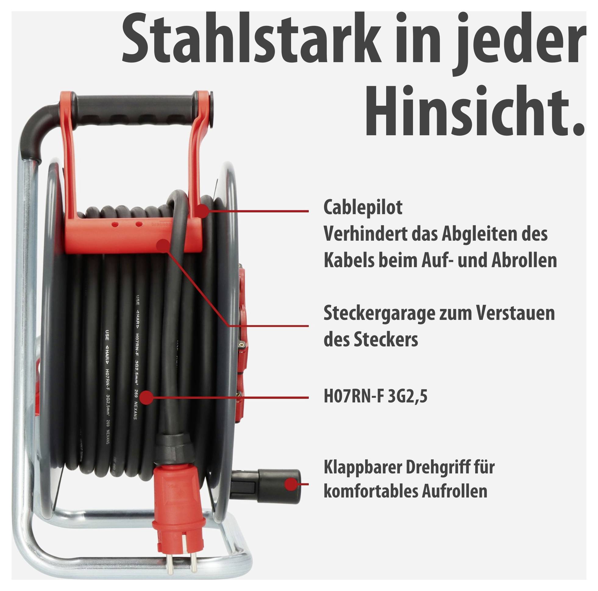 Kabeltrommel mit Text 'Stahlstark in jeder Hinsicht.'; markierte Funktionen: Cablepilot, Steckergarage, H07RN-F 3G2,5, klappbarer Drehgriff.