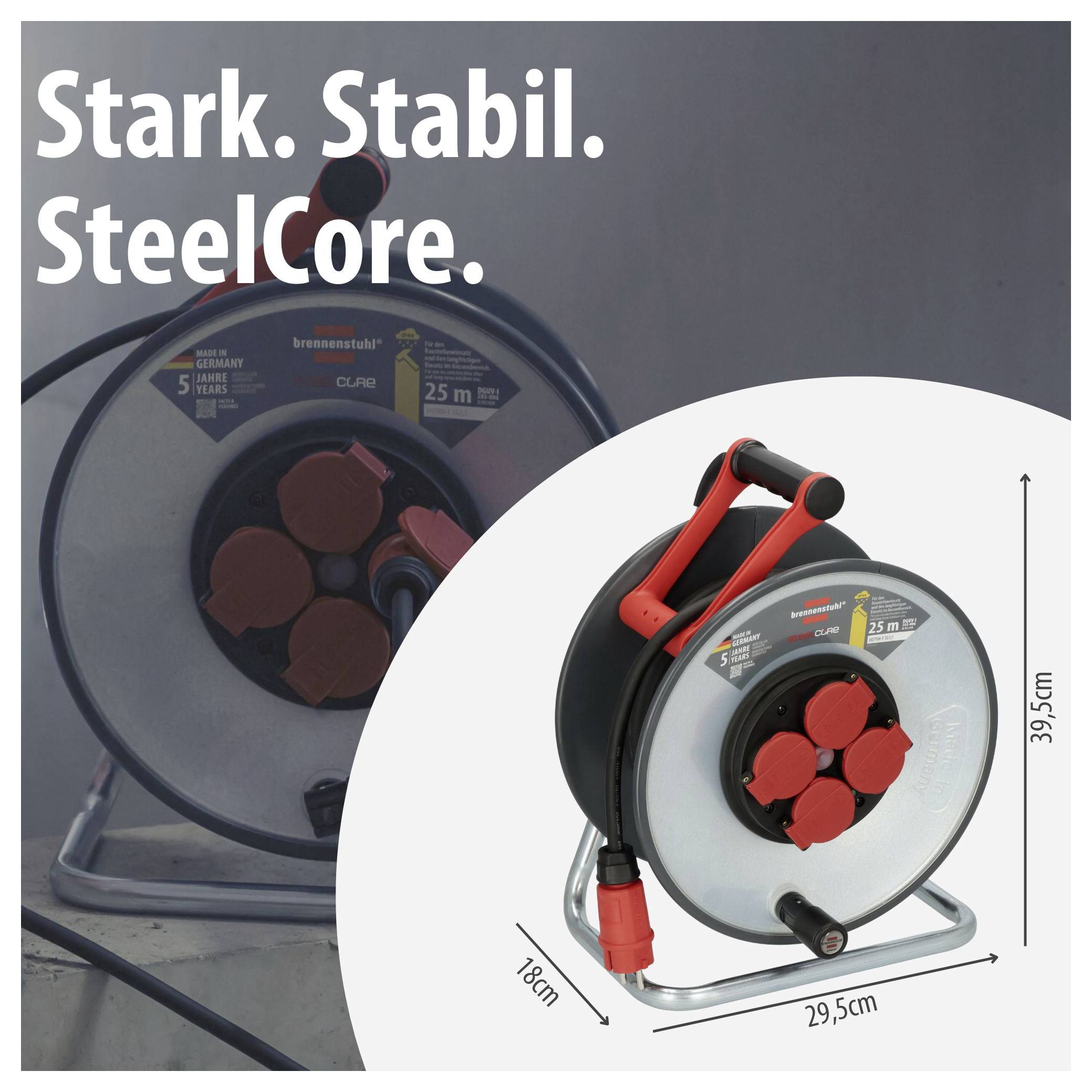 Produktanzeige eines Kabeltrommel-Aufrollers mit Text 'Stark. Stabil. SteelCore.' und Maßangaben 29,5 cm, 18 cm, 39,5 cm; rote Steckdosenabdeckungen sichtbar.