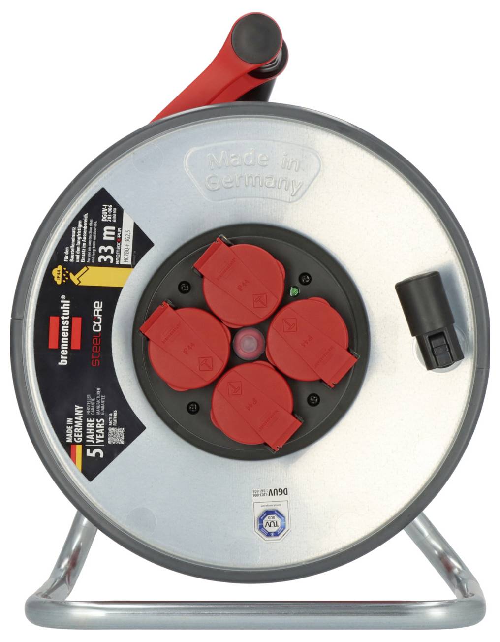 Elektrische Kabeltrommel mit vier roten Steckdosen und einem schwarzen Griff, hergestellt in Deutschland, 33 Meter Kabellänge.