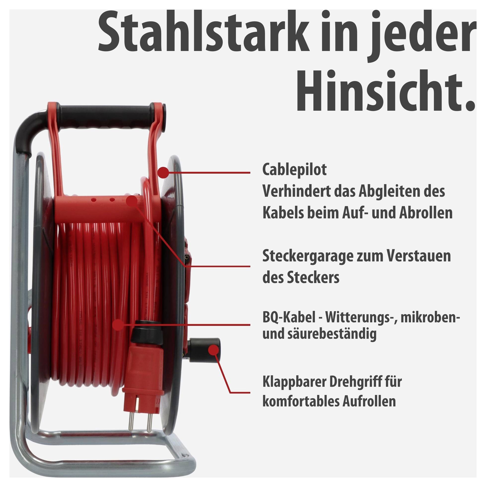 Werbung für eine Kabeltrommel mit dem Slogan 'Stahlstark in jeder Hinsicht' und vier hervorgehobenen Funktionen: Cablepilot, Steckergarage, BQ-Kabel, klappbarer Drehgriff.