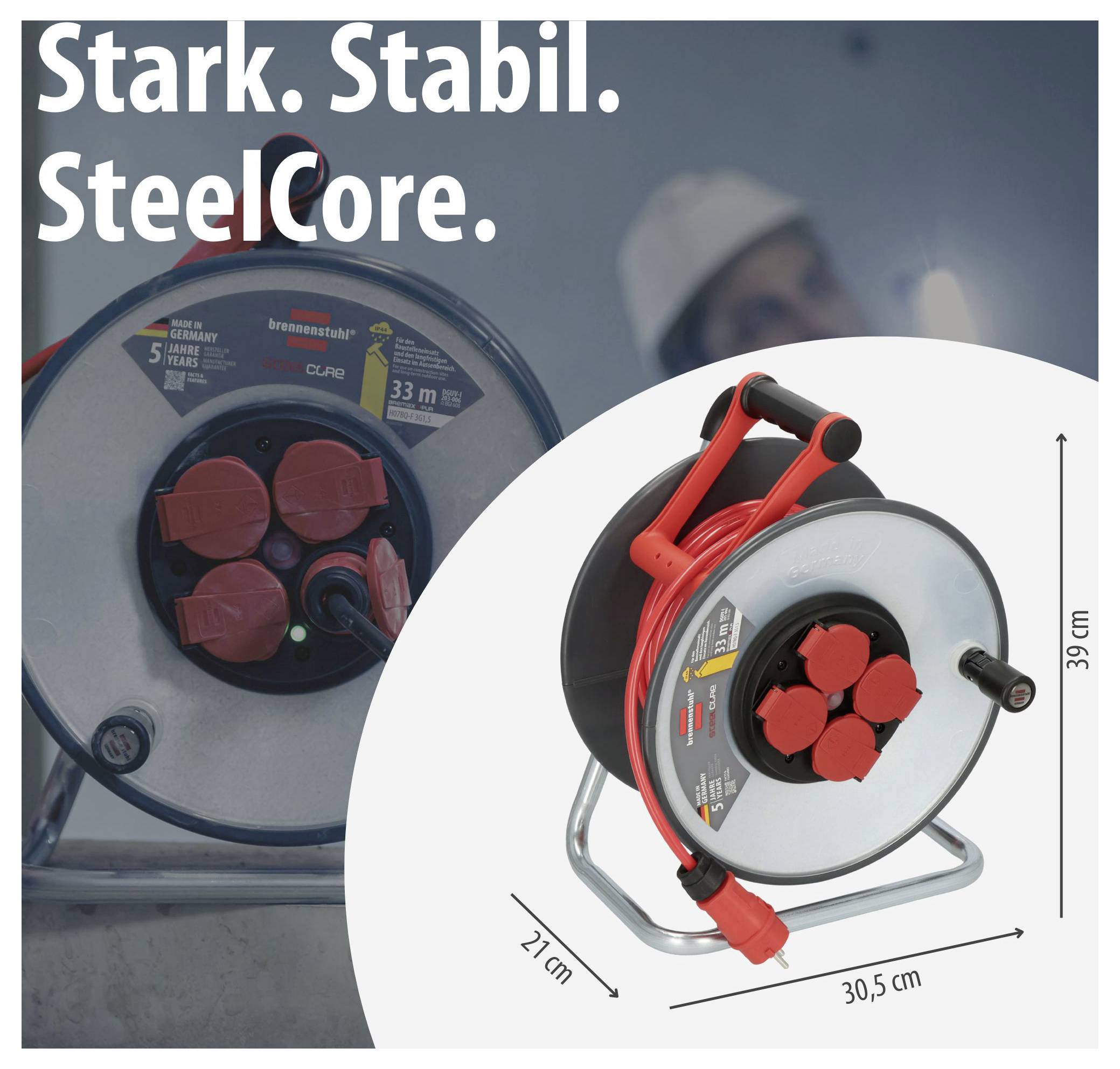 Werbegrafik für eine Kabeltrommel: 'Stark. Stabil. SteelCore.' zeigt das Produkt mit Abmessungen 39 cm, 30,5 cm und 21 cm.